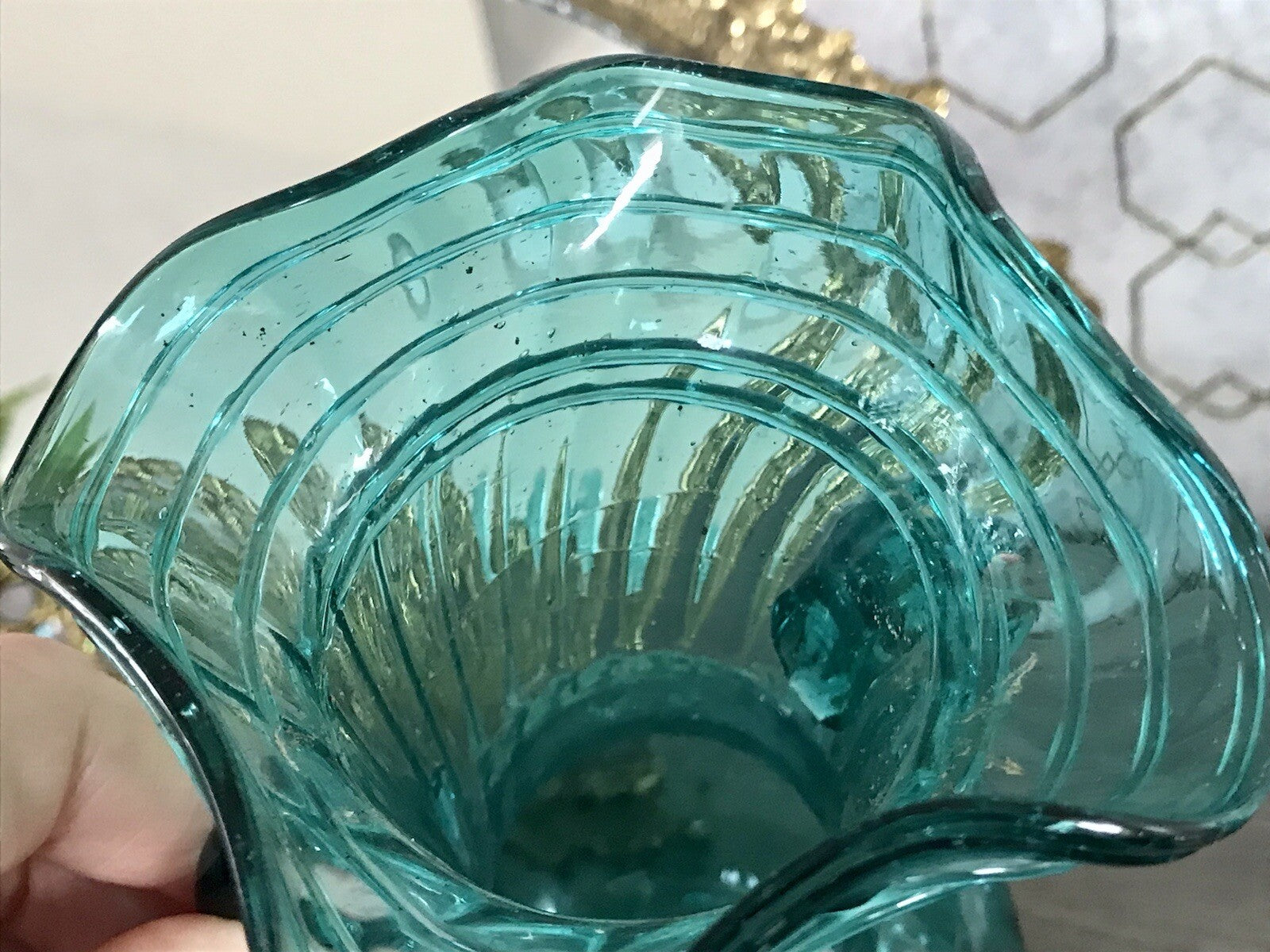 Antik Glasvase Vase Türkis Blau Glas Abriss Aufschmelzungen Murano?