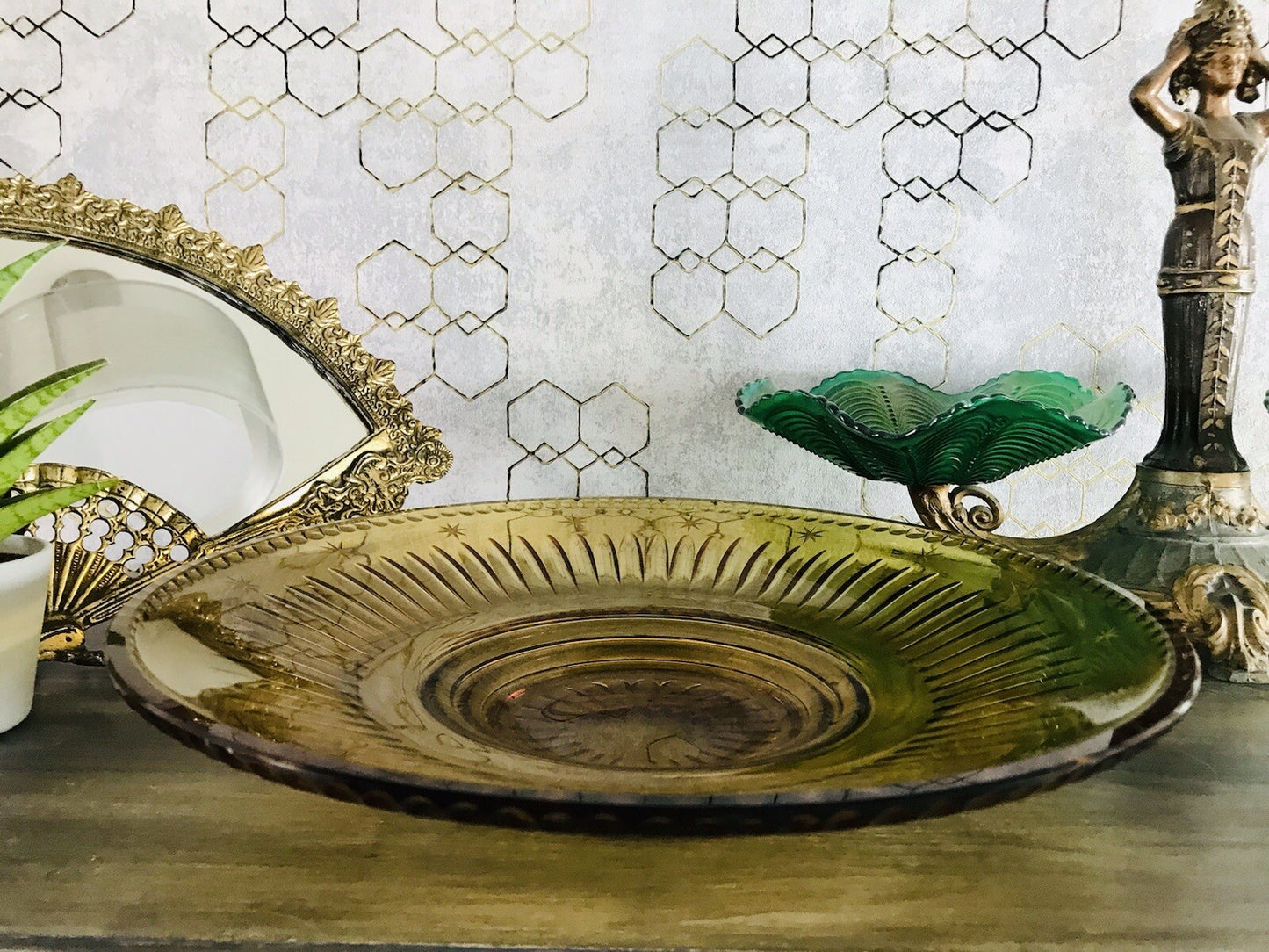 Antik Art Déco Edel Designer Kristallglas Schale Glasschale Bernstein Farbe Gelb