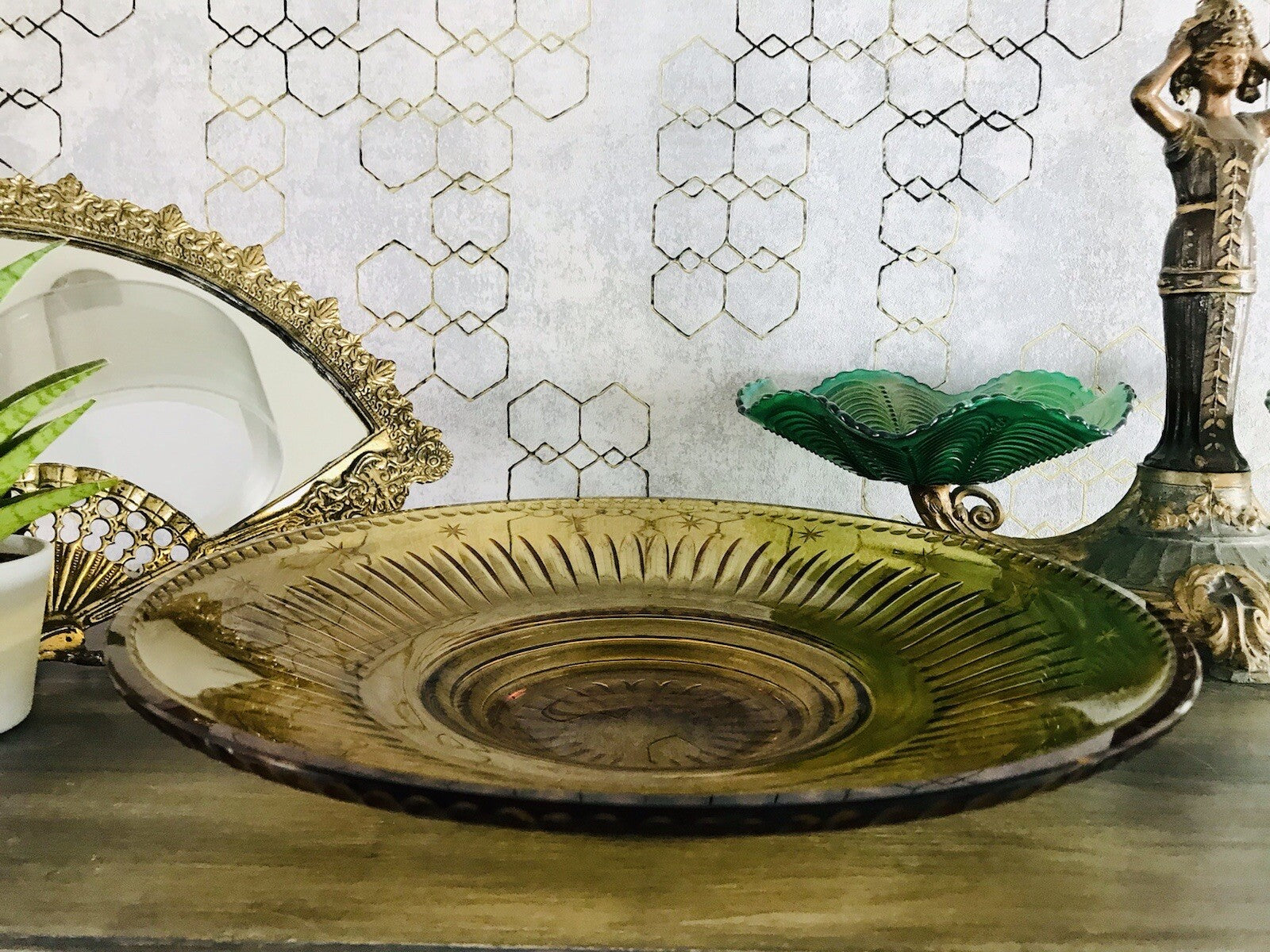Antik Art Déco Edel Designer Kristallglas Schale Glasschale Bernstein Farbe Gelb