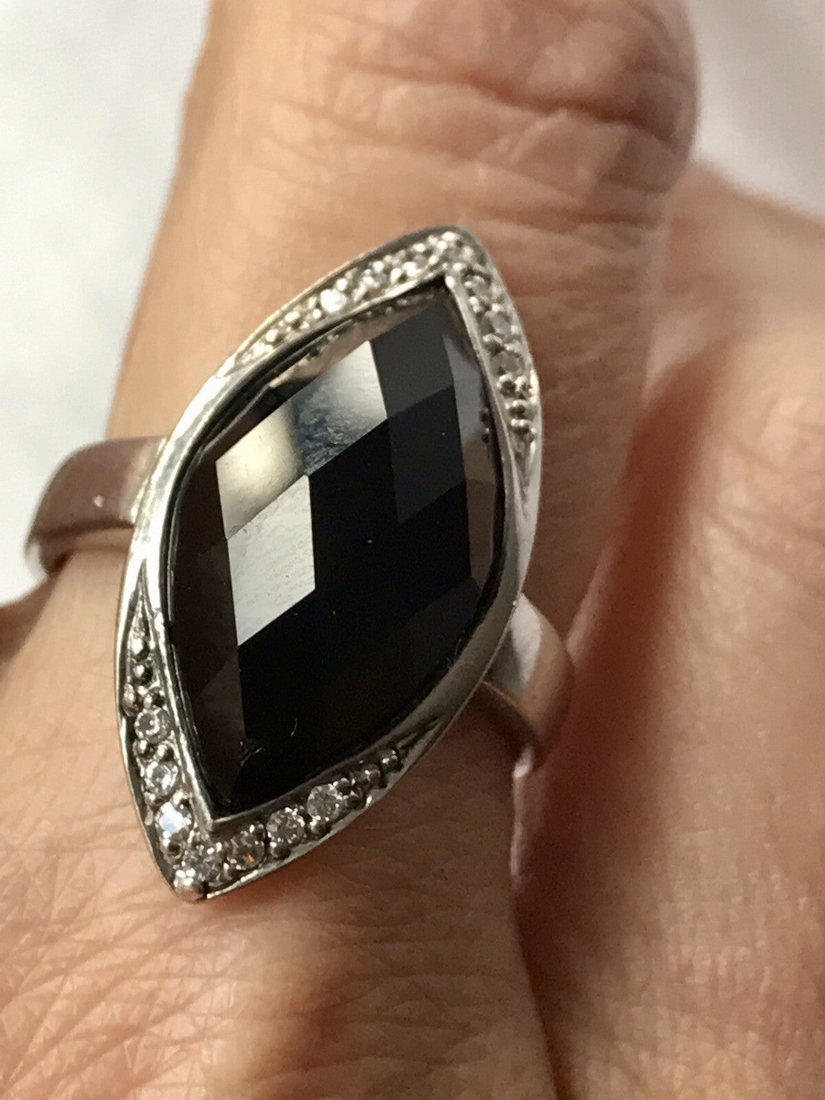 Vintage Onyx? & farblose Steine DAMEN RING Silber 925 Gr.57 58 Schiffchen