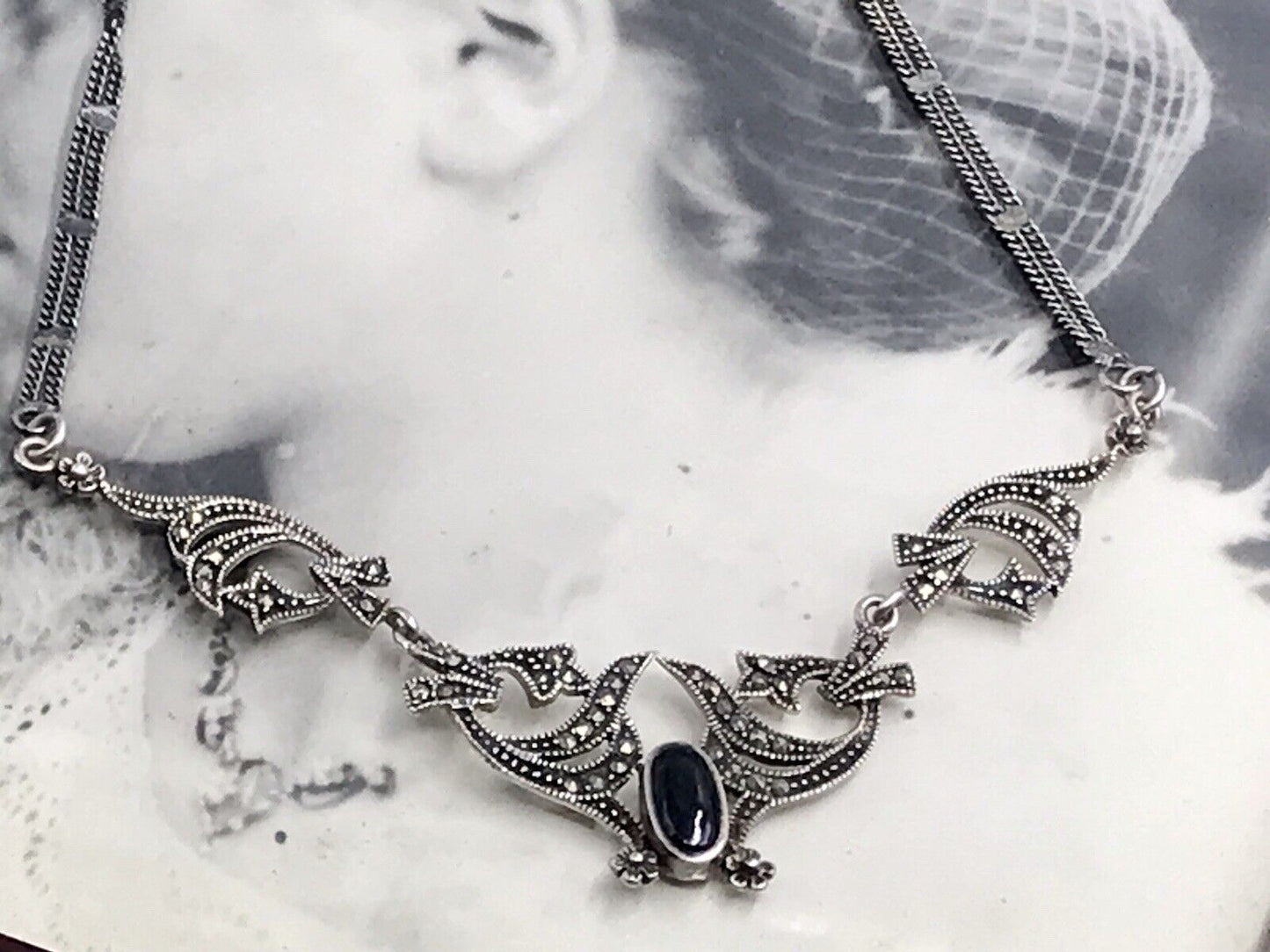 Antik Edel Jugendstil Art Déco 925 Silber Collier Halskette mit Onyx & Markasite