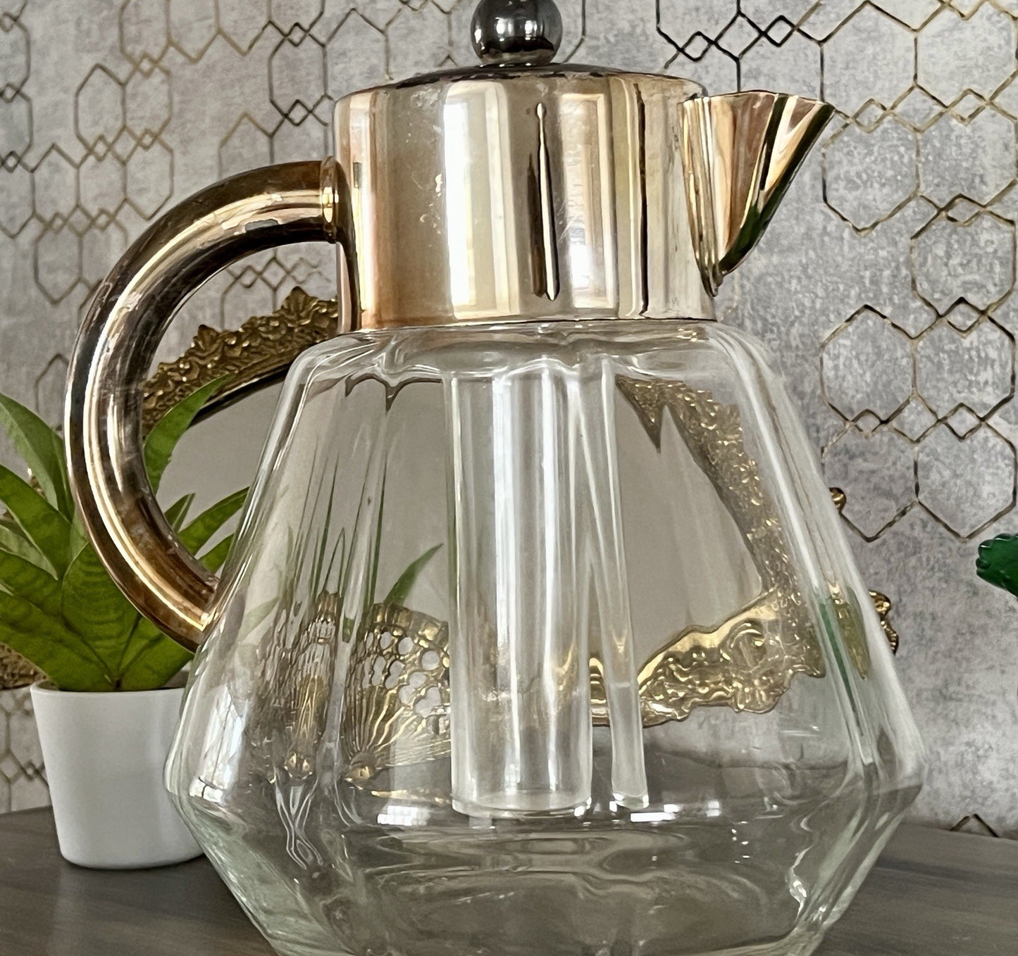 Antik Art Dèco DRGM Karaffe Kalte Ente  Glas optisch gerippt versilberte Montur