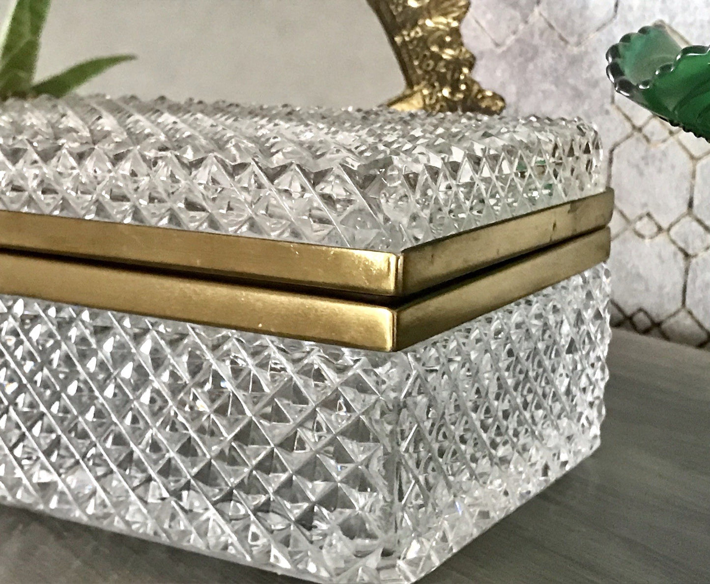 Antik Art Dèco Vintage EDEL Schatulle Deckeldose Bleikristall groß Messingrahmen