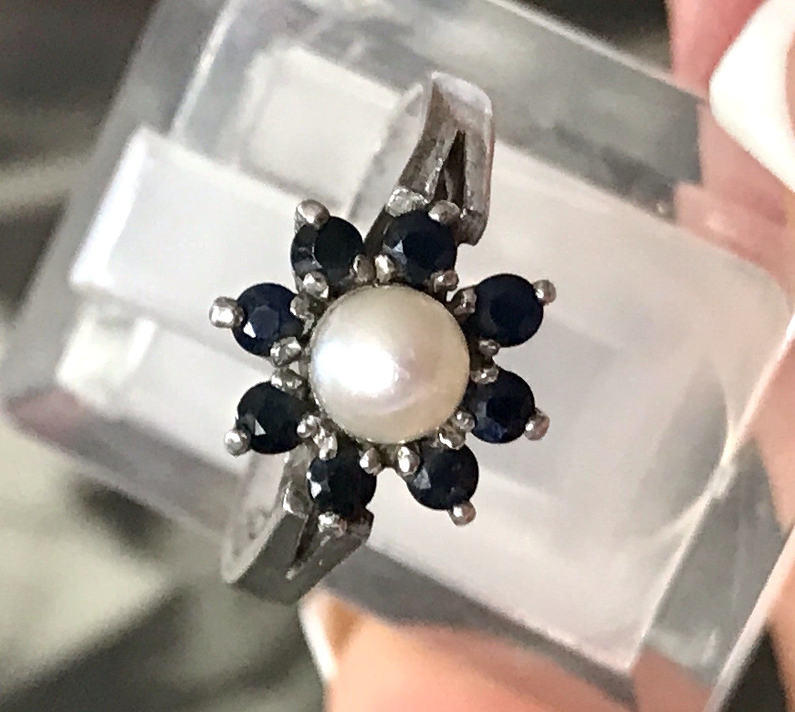 Antik? Vintage Art Déco Damen Ring Perle Spinell ? Saphir? Silber 925 Gr.57 18,1