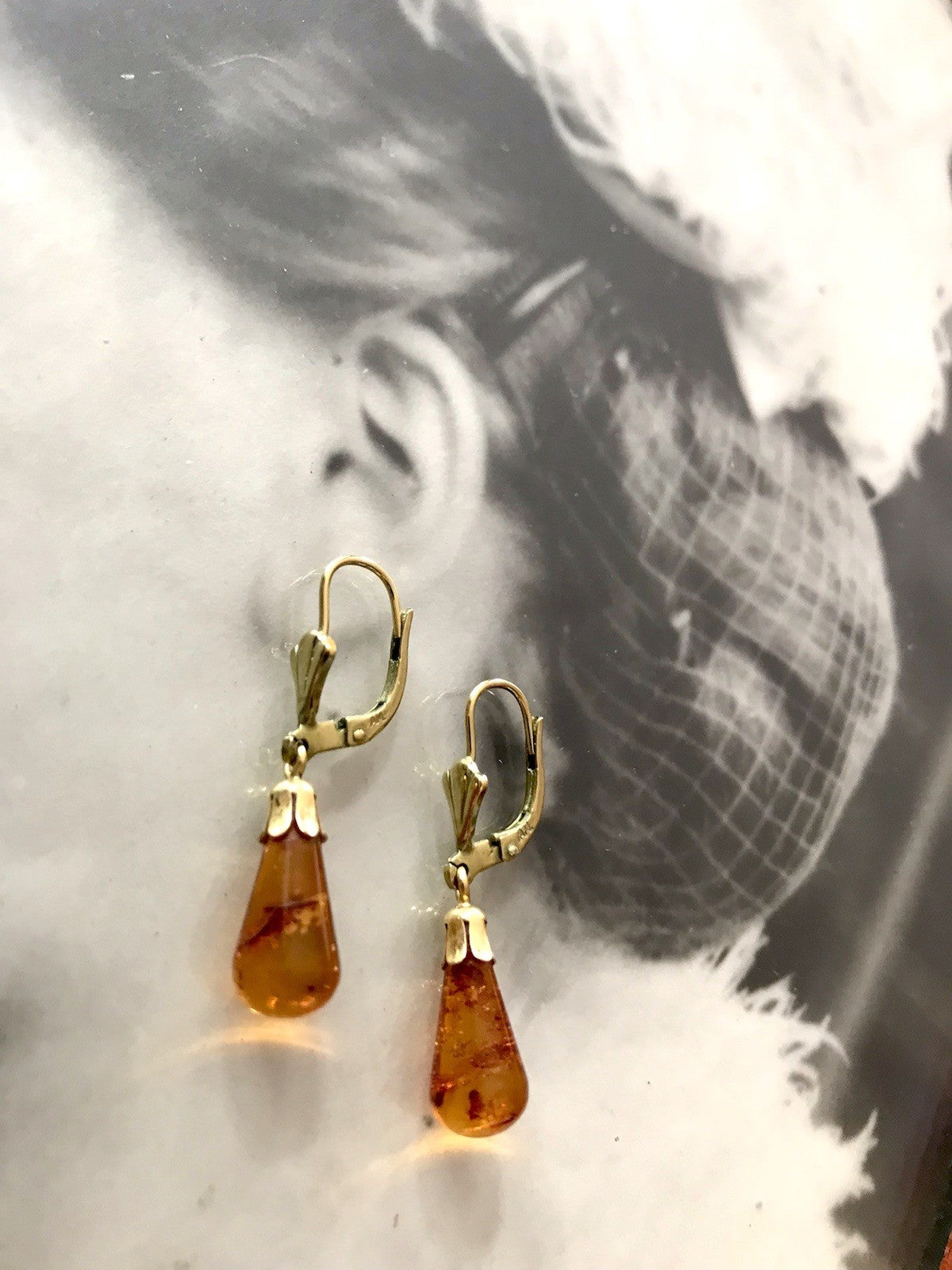 Antik Vintage Ohrhänger Ohrringe Pampel Bernstein ? DAMEN Amerik. Doublè