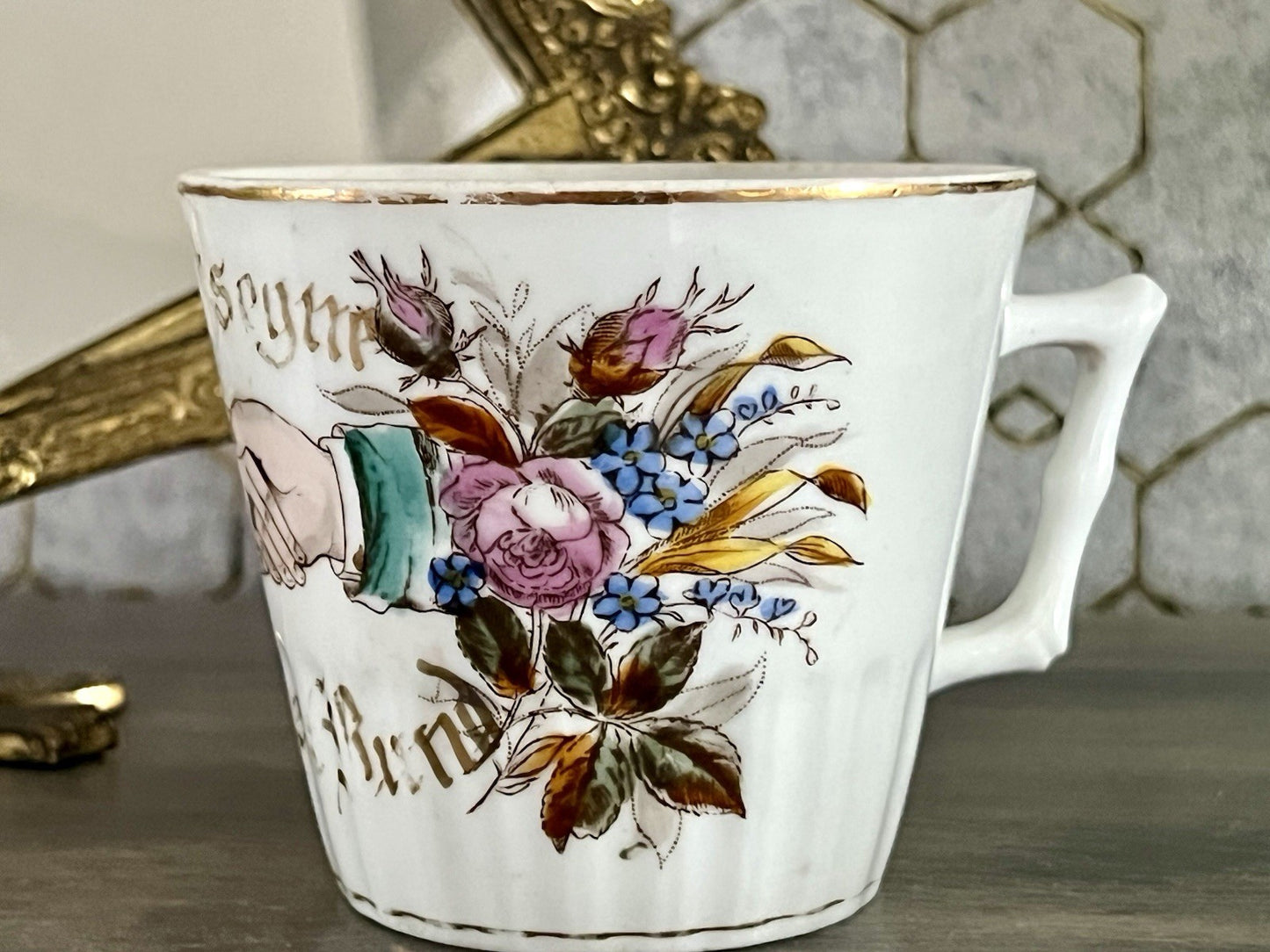Antik Porzellan Andenken Becher Sammeltasse Tasse Gott segne dieses Bund