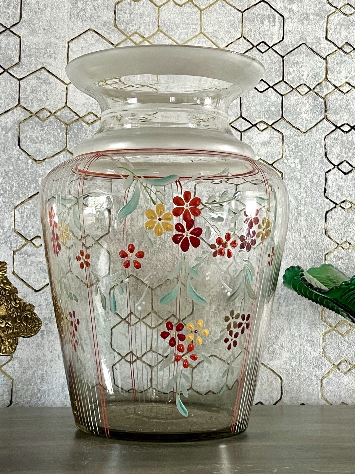 Antik GROẞ Vase Glasvase Art Déco teils satiniert bunte Malerei markant 1930er