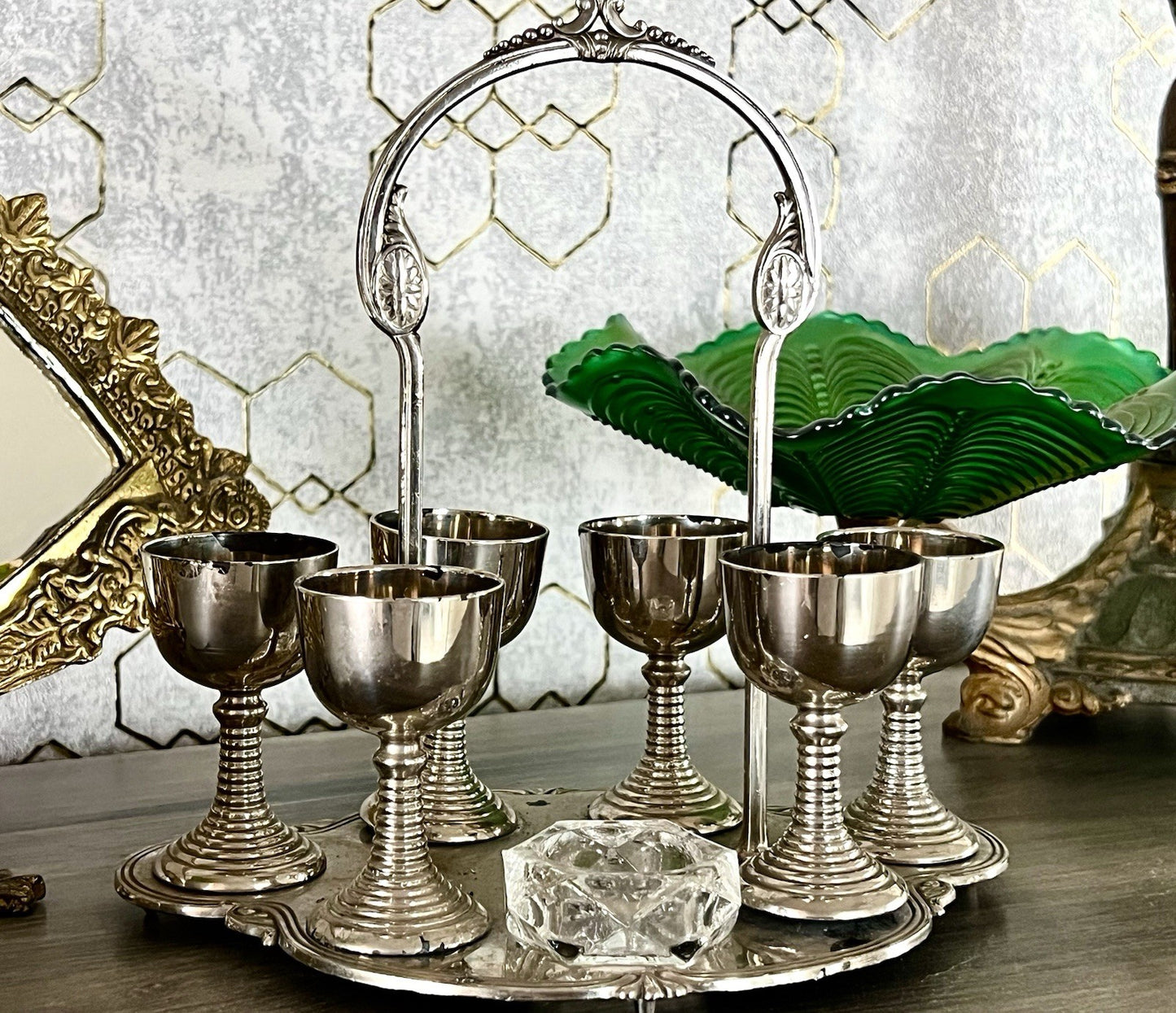 Antik Menage Eiermenage Frühstück Metallmontur Glaseinsatz 6 Eierbecher