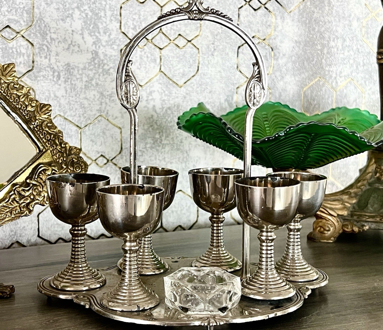 Antik Menage Eiermenage Frühstück Metallmontur Glaseinsatz 6 Eierbecher