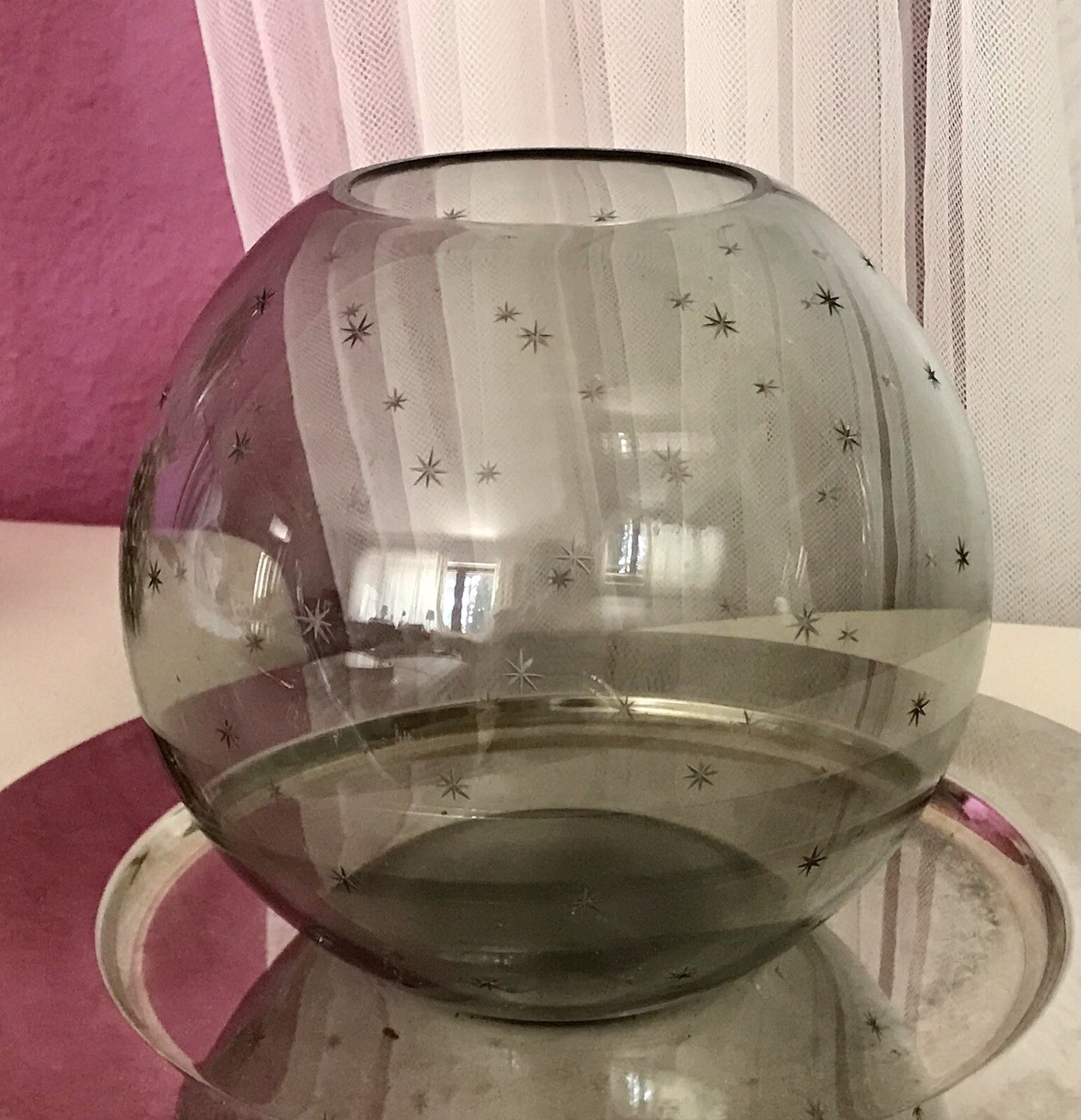 Alt Vintage Glasvase Glas Rauchglas Vase Mid century Kugelvase Grau Sternchen