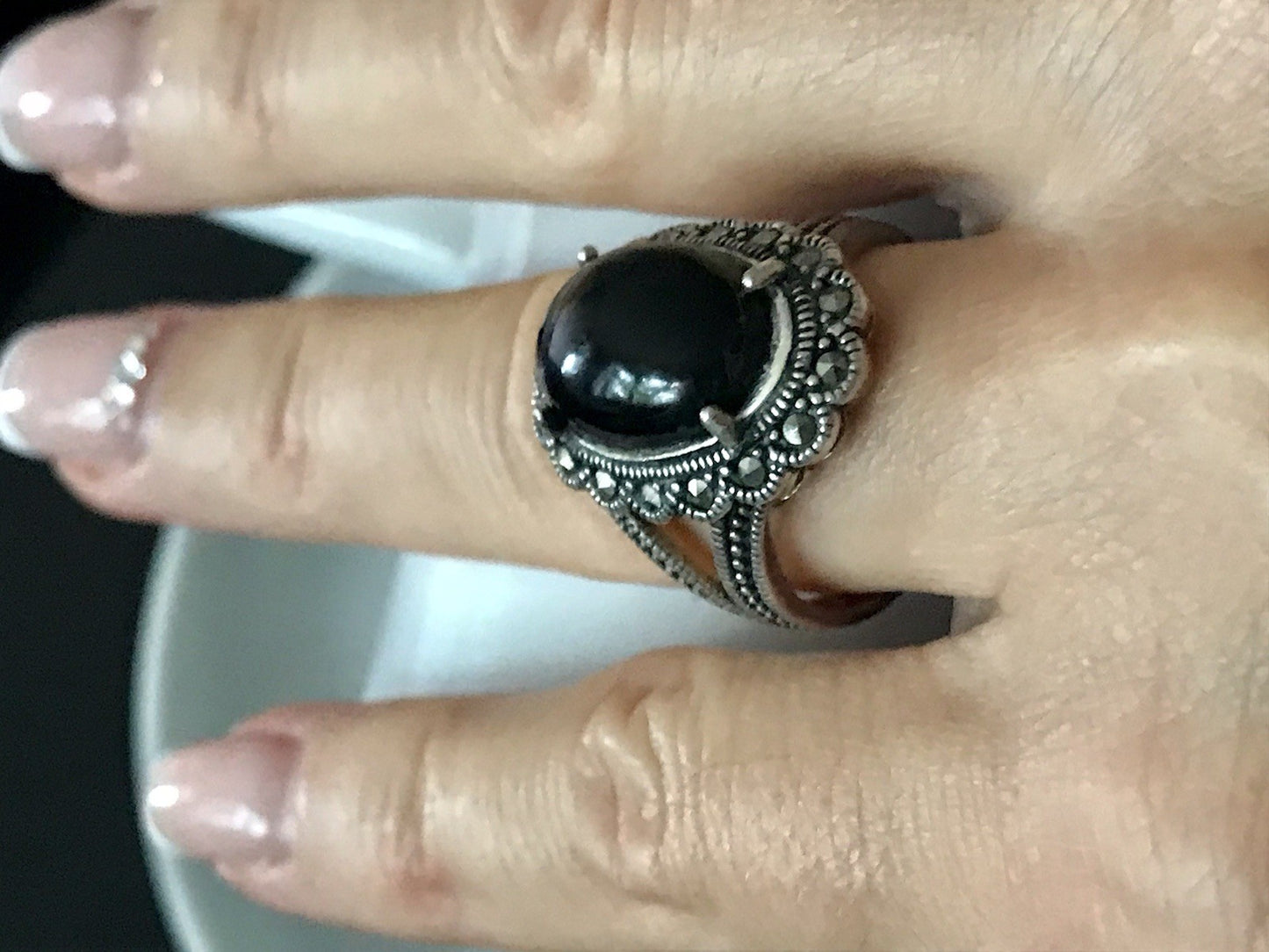 Antik? alt Art Déco Edel Onyx Markasite DAMEN RING Silber 925 Gr.57 18,1