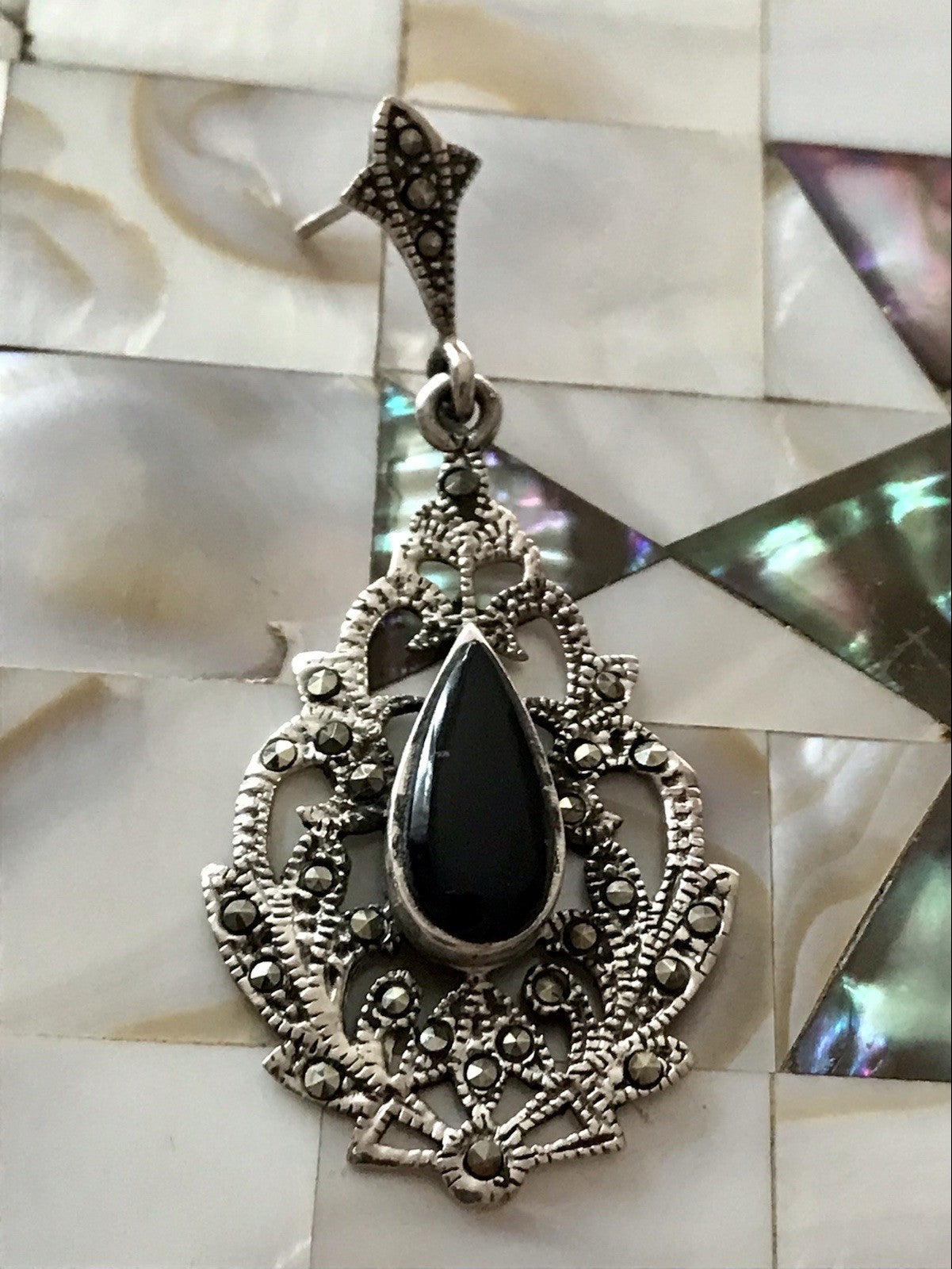 Antik Art Déco Wundervoll Ohrhänger Ohrringe DAMEN Silber 925 Onyx Markasite