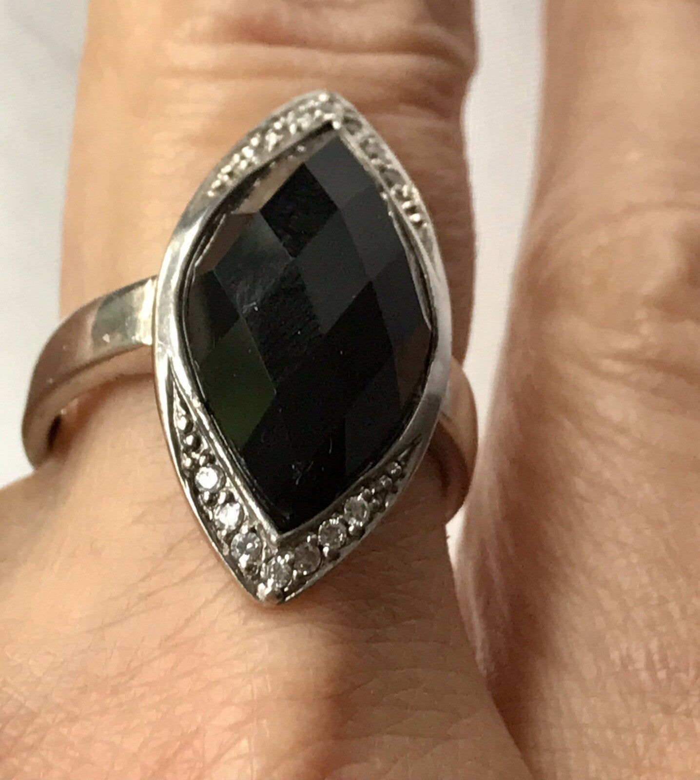 Vintage Onyx? & farblose Steine DAMEN RING Silber 925 Gr.57 58 Schiffchen