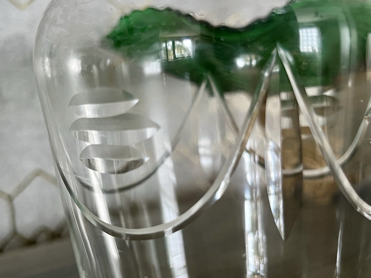Antik Art Deco Sturzflasche Karaffe Dekanter & Becher Glas geschliffen