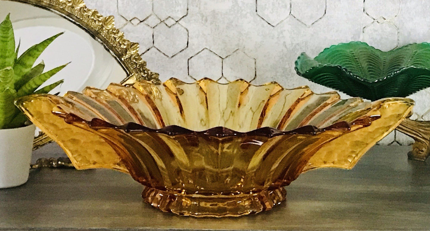 Antik Art Déco gelb Pressglas Schale Glas Brockwitz Prismen Fruchtschale 1941