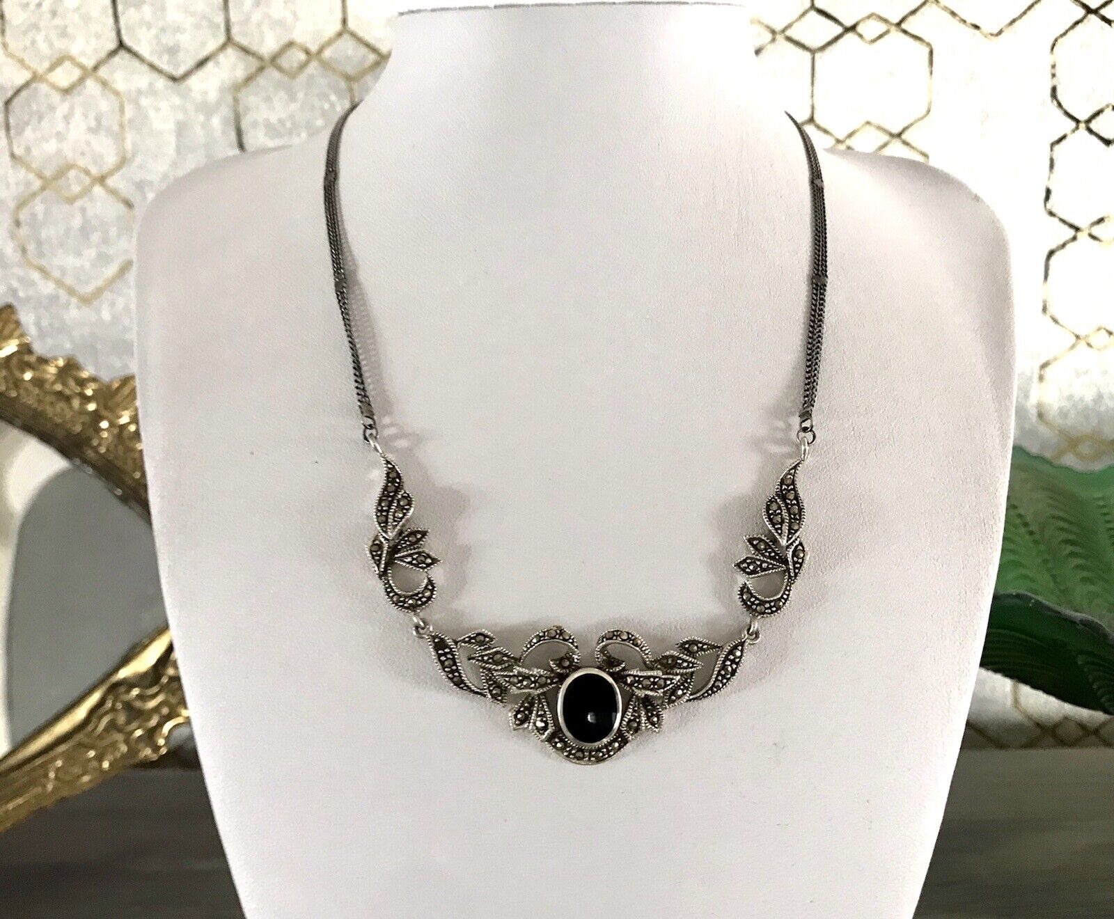 Antik Edel Jugendstil Art Déco 925 Silber Collier Halskette mit Onyx & Markasite