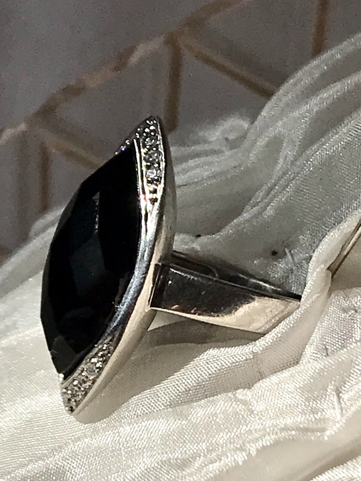Vintage Onyx? & farblose Steine DAMEN RING Silber 925 Gr.57 58 Schiffchen
