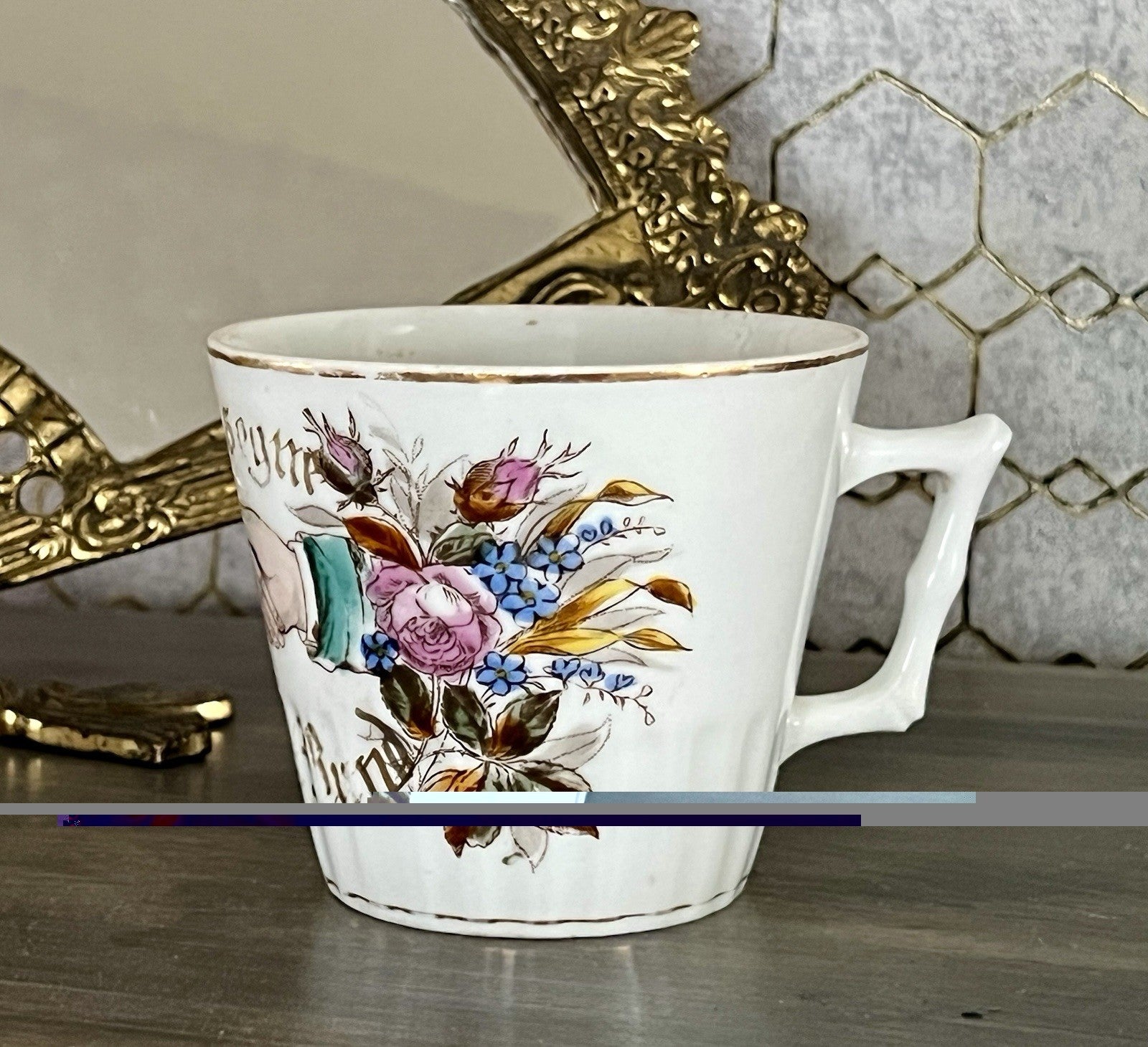 Antik Porzellan Andenken Becher Sammeltasse Tasse Gott segne dieses Bund