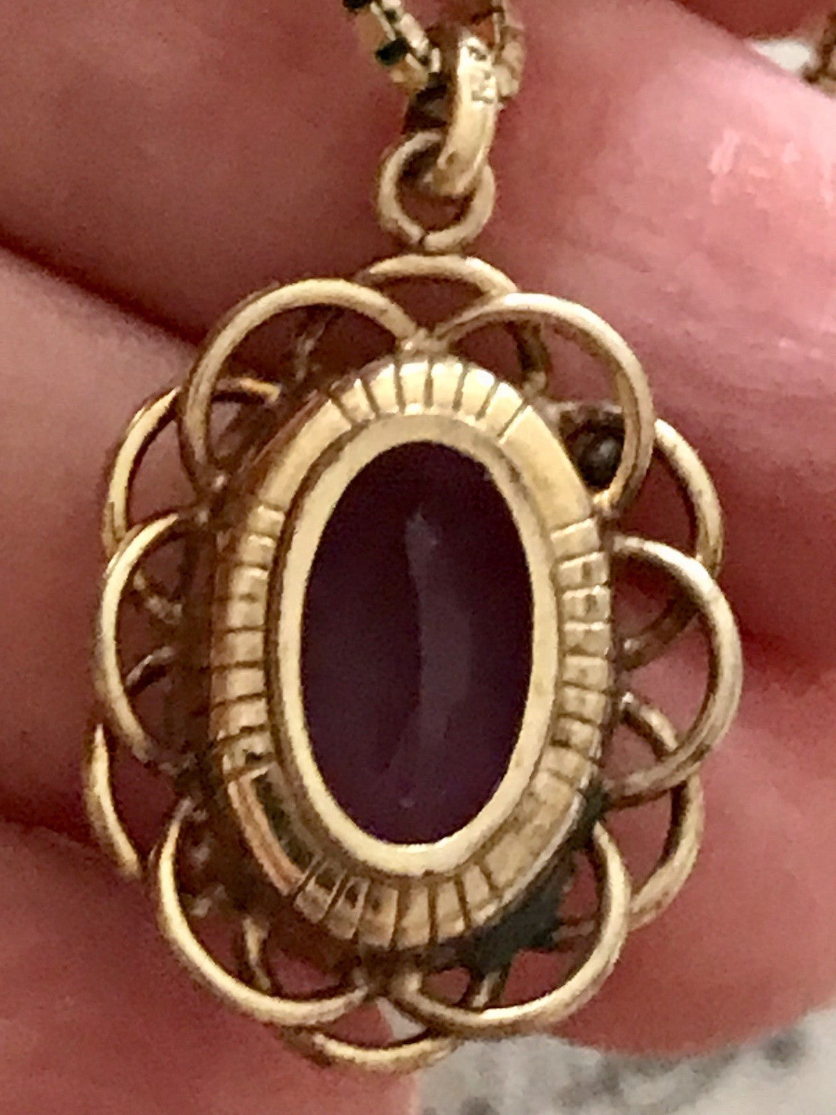 Alt Vintage Edel Kette & Anhänger lila Stein Amethyst? vergoldet Amerik. Doublè