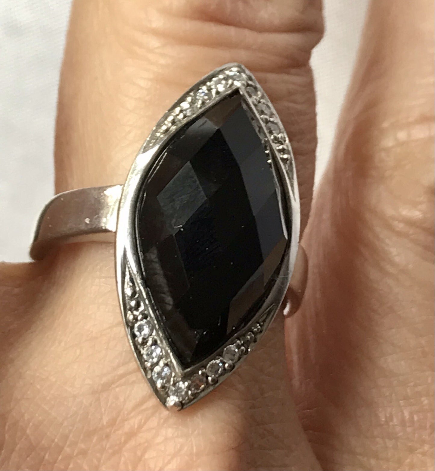 Vintage Onyx? & farblose Steine DAMEN RING Silber 925 Gr.57 58 Schiffchen