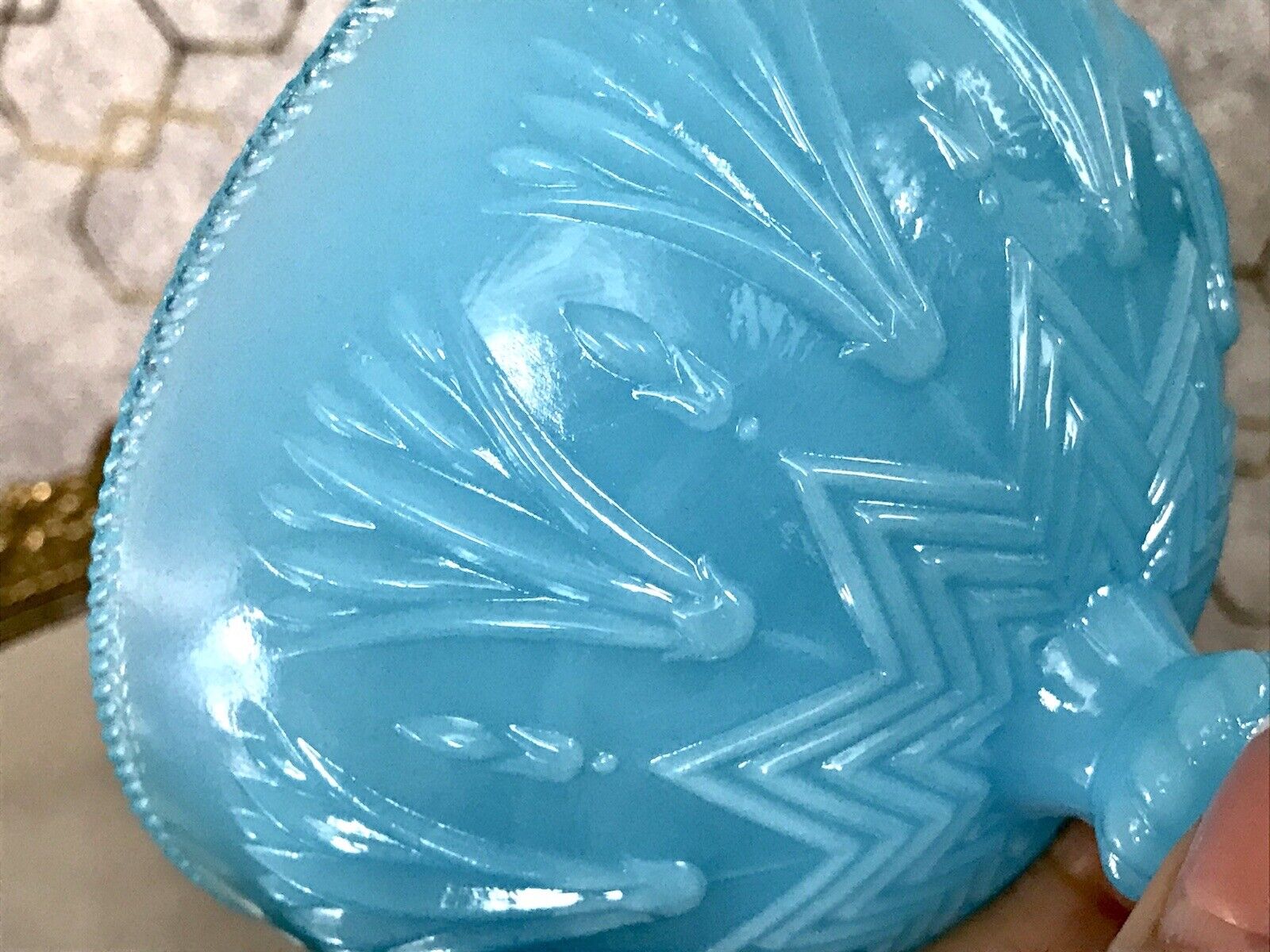 Antik Jugendstil Art Déco Pressglas Schale Fußschale Zuckerschale blau türkis