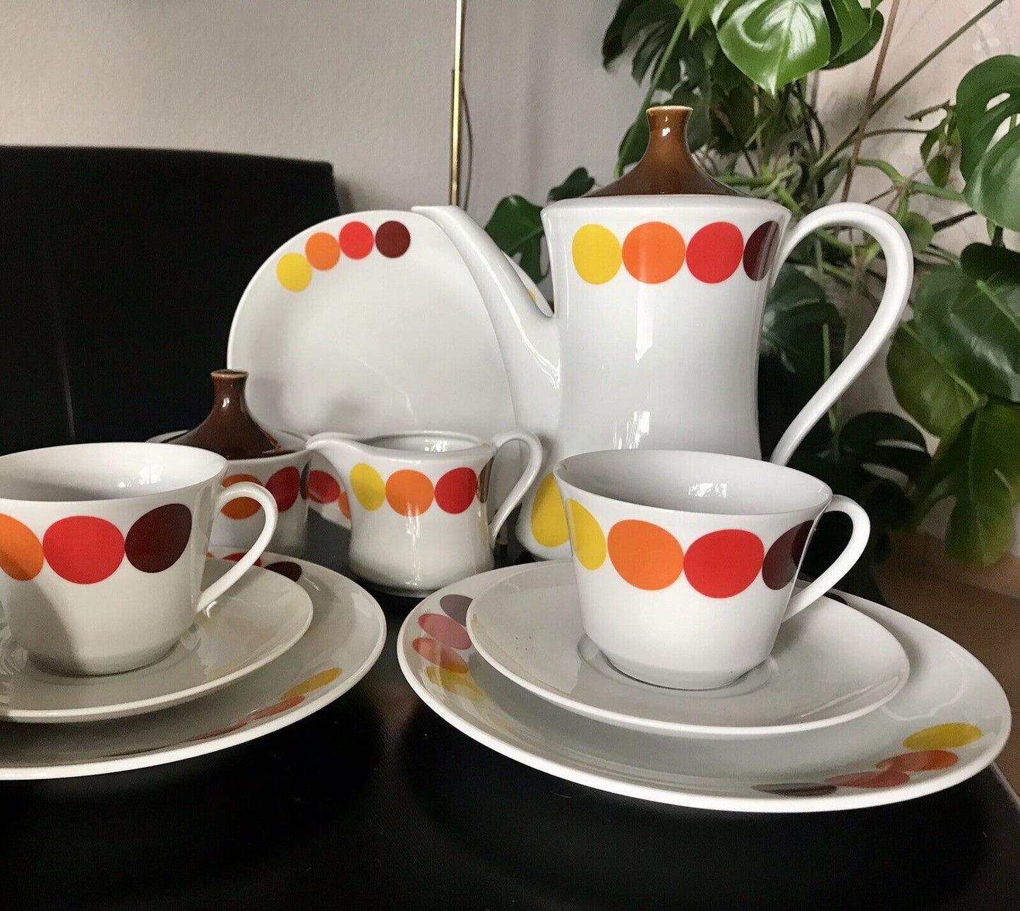 Alt Vintage 70er Seltmann Porzellan Kaffeeservice weiß bunte Kreise 6 Personen