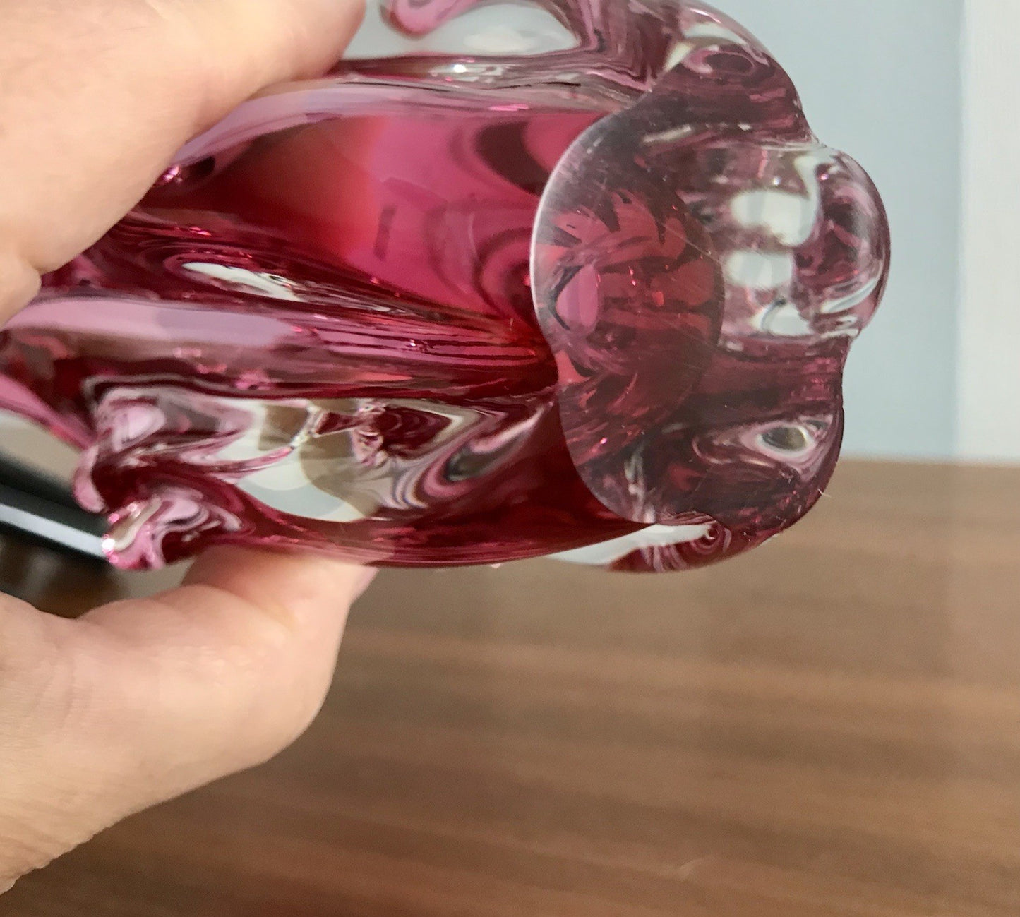 Vintage Glasvase Vase 60er Jahre Glas rubinrot pink rot