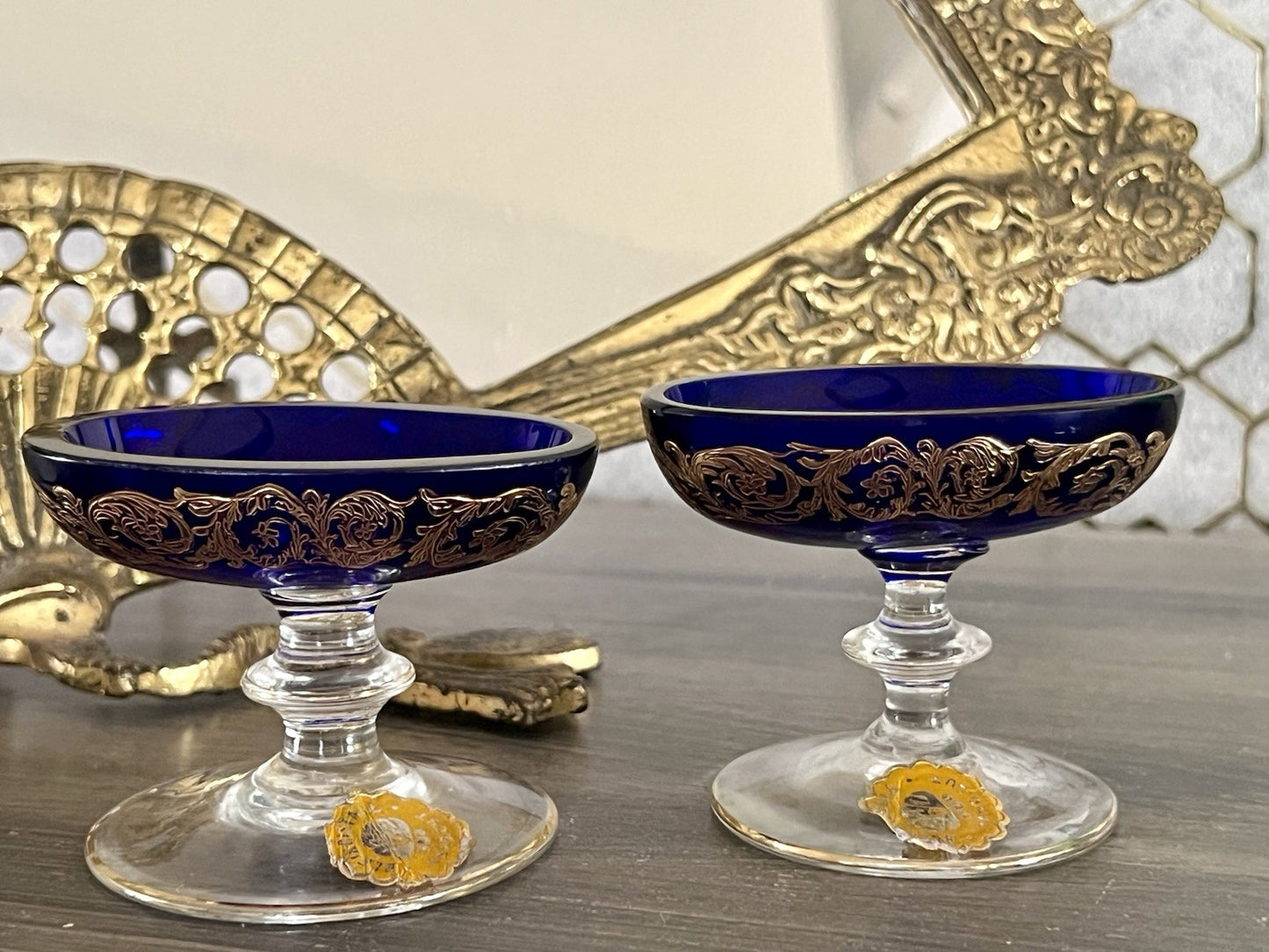 Antik 2x Art Déco Saliere Schale Bleikristall Hand Cut Kobalt Blau gold
