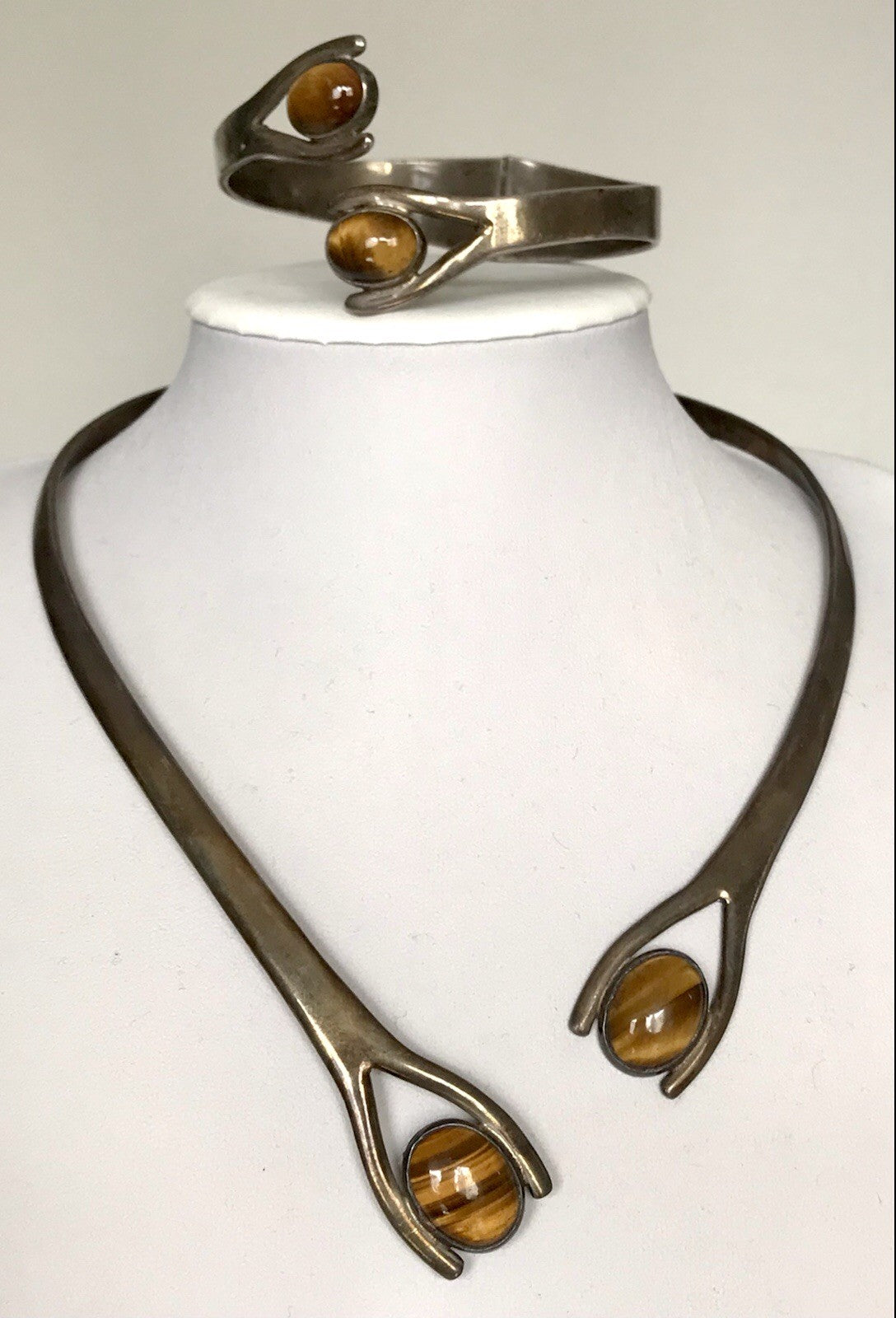 Vintage Set Halsreif Armspange Armband Collier 925 Silber Halskette Tigerauge