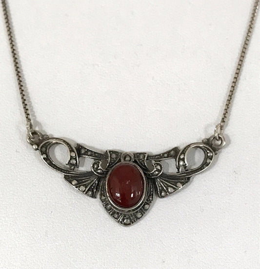Antik Jugendstil Art Déco 925 Silber Collier Halskette Karneol Granulierungen