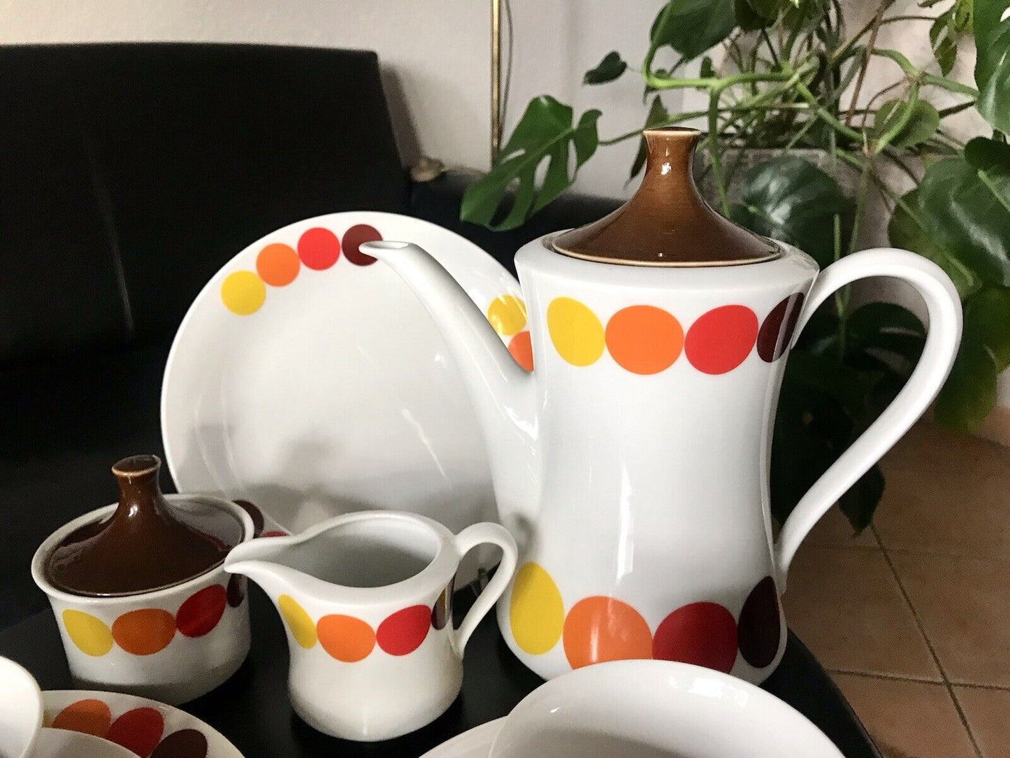 Alt Vintage 70er Seltmann Porzellan Kaffeeservice weiß bunte Kreise 6 Personen