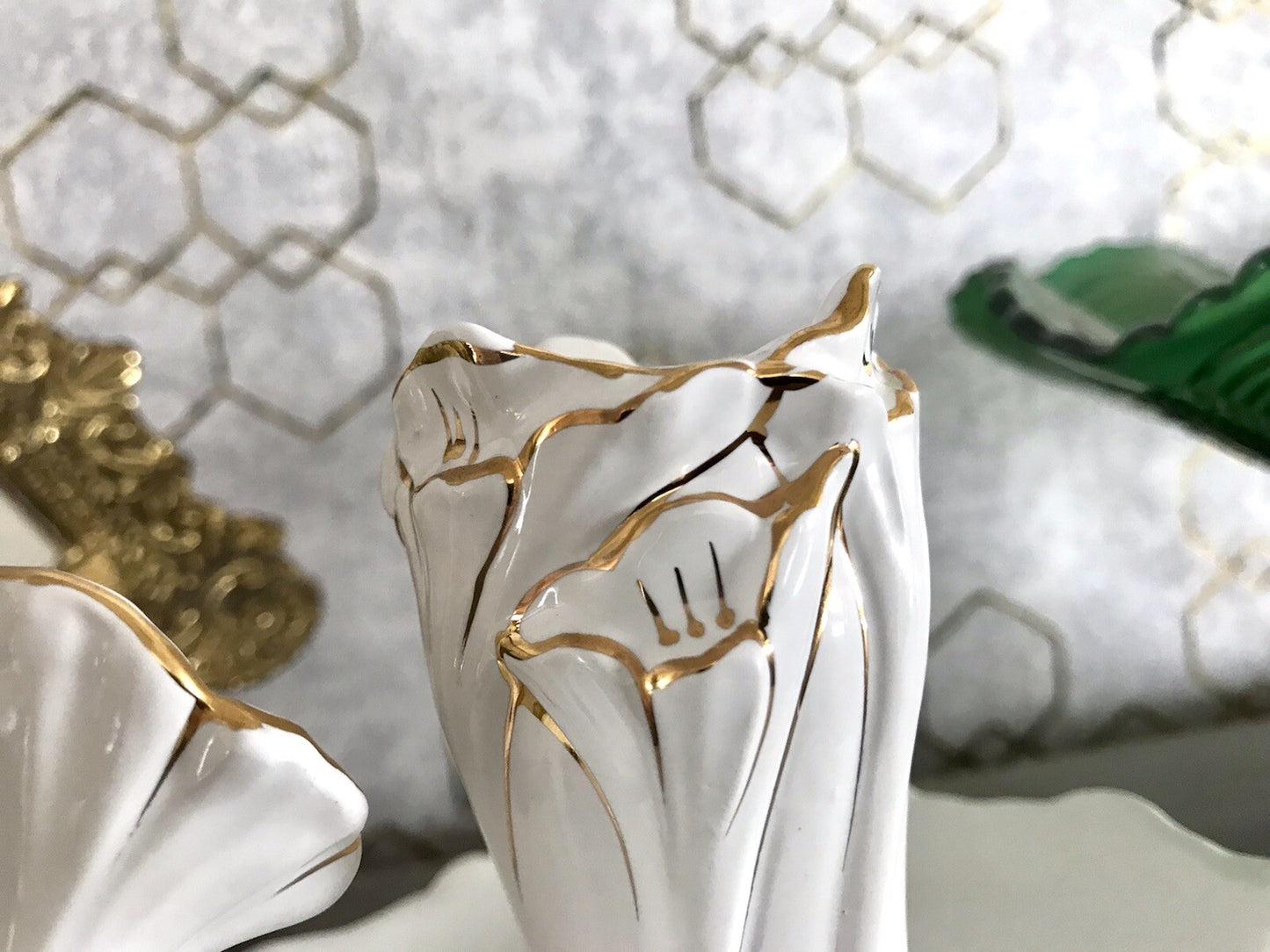 Antik reines Jugendstil Porzellan Kammerleuchter Leuchter weiß gold Libelle