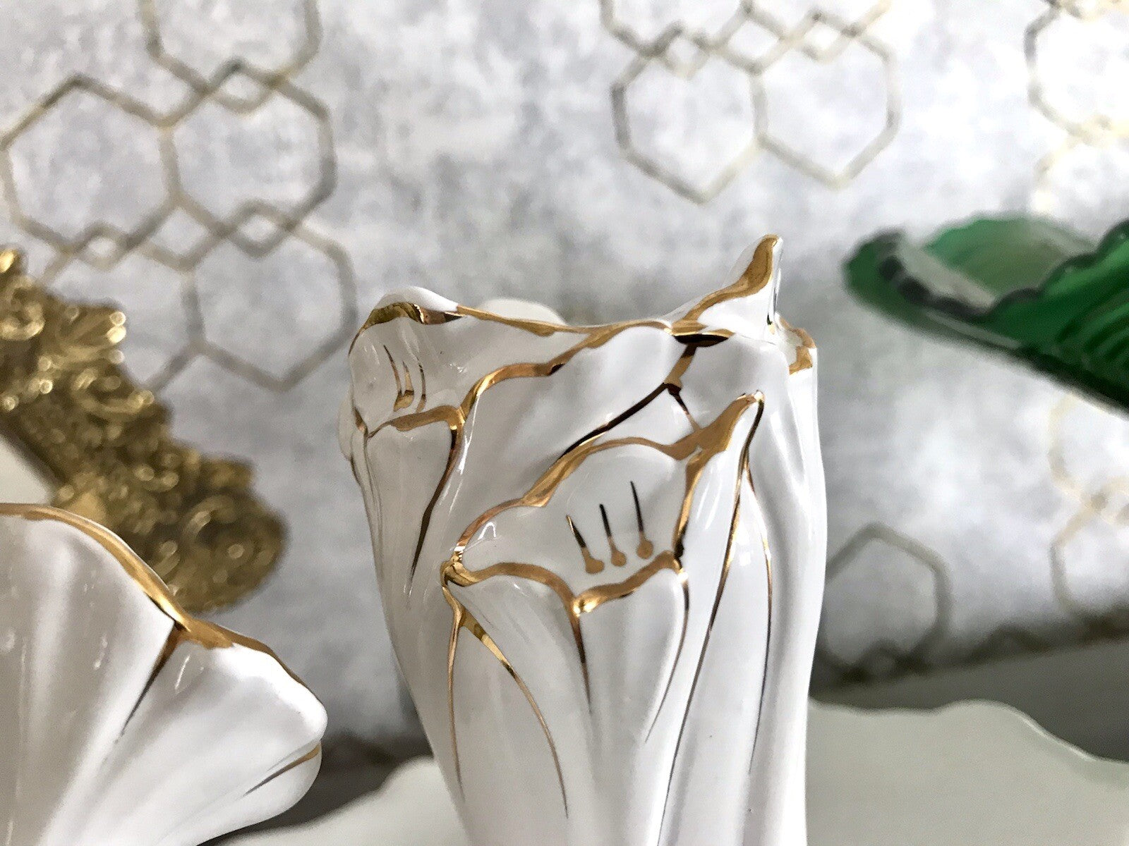 Antik reines Jugendstil Porzellan Kammerleuchter Leuchter weiß gold Libelle