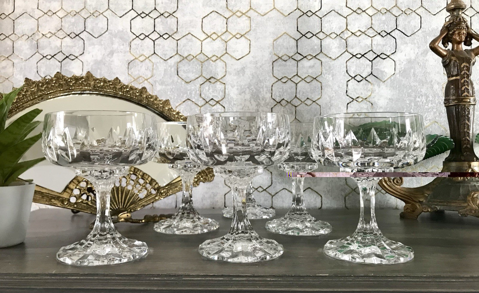 Vintage 6x Champagnerschalen Sektschalen Kristallglas Schliff Bleikristall