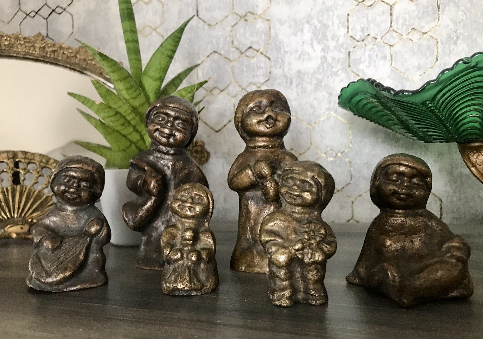 6x Vintage Bronze Figur Kinder Skulpturen Limpke u.a. Mädchen mit Puppe SCHÖN!
