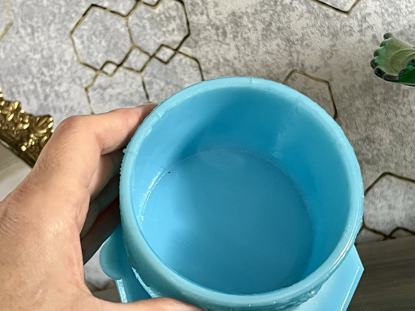 Antik Portieux 1900 Bienenstock Glasdose Dose Opalglas Deckeldose blau Pressglas