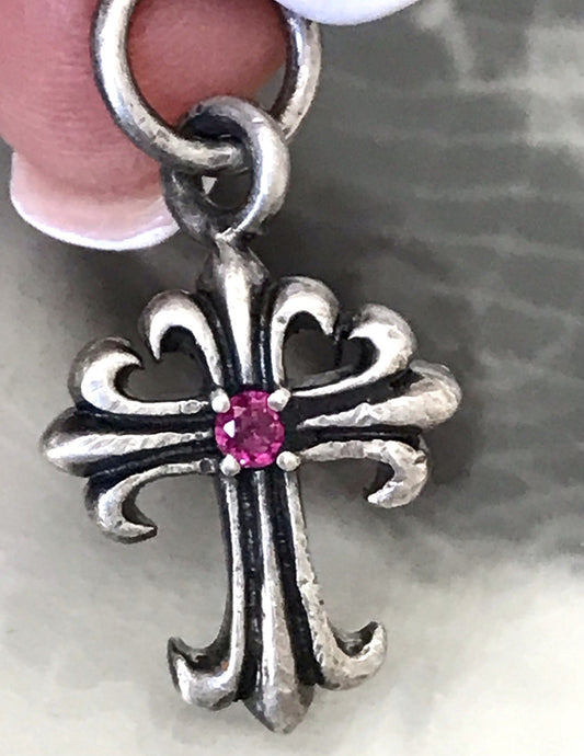Antik alt 925 Silber Kreuz Anhänger Kettenanhänger rubinroter Stein