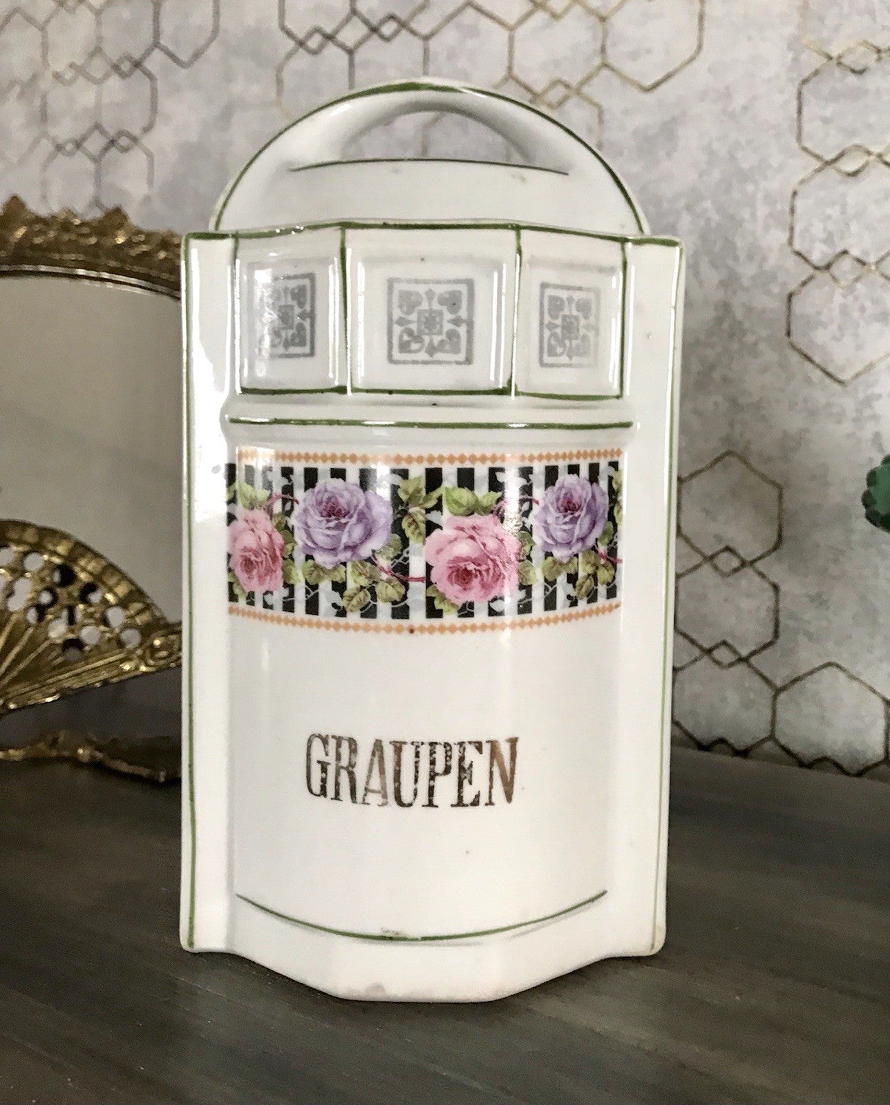 Antik Porzellan Dose Vorratsgefäß Vorratsdose Graupen Rosen Jugendstil Art Déco
