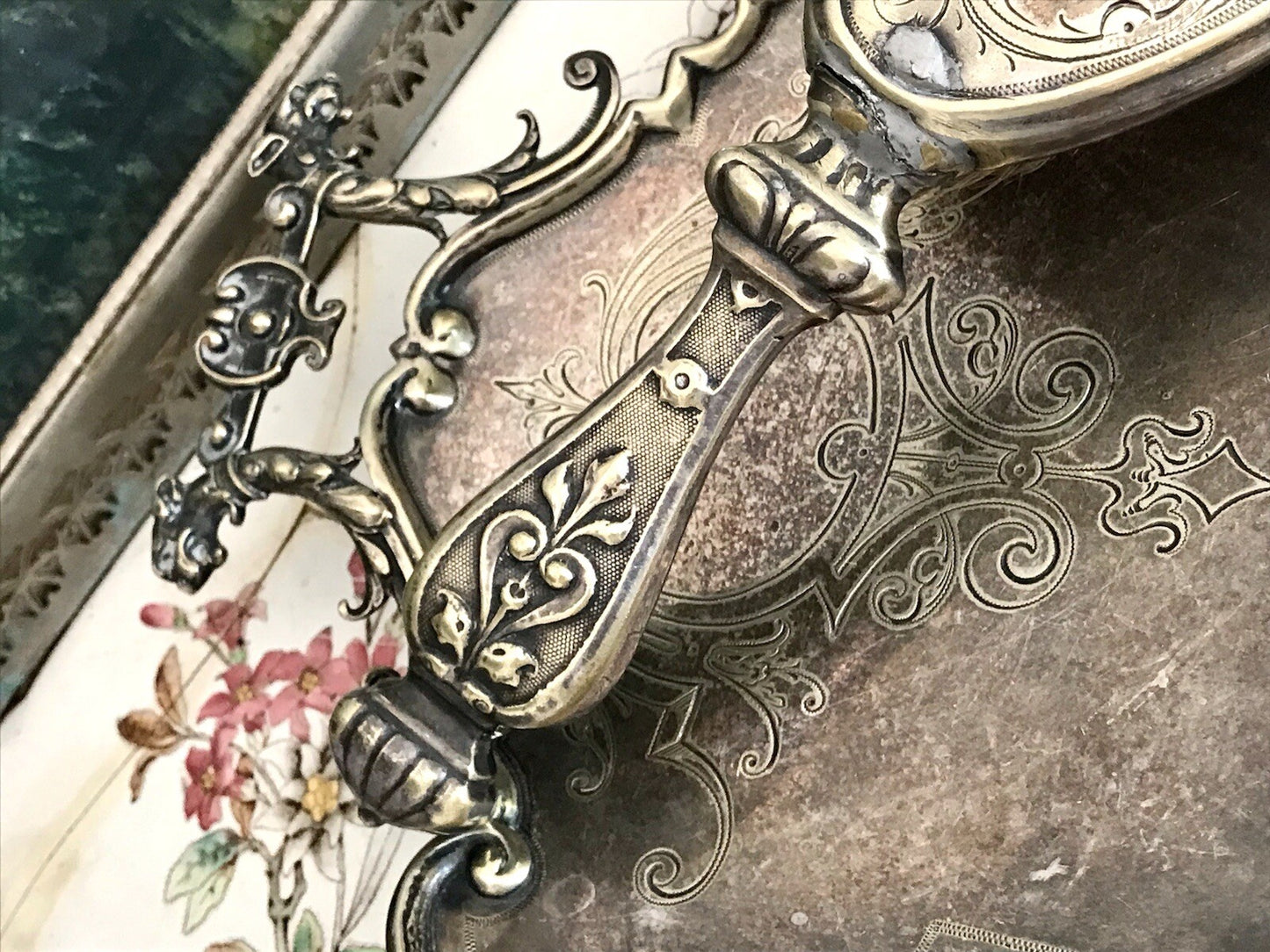 Antik versilbert Jugendstil Tischkehrset Tischkehrer Tisch Krümmelkehrer