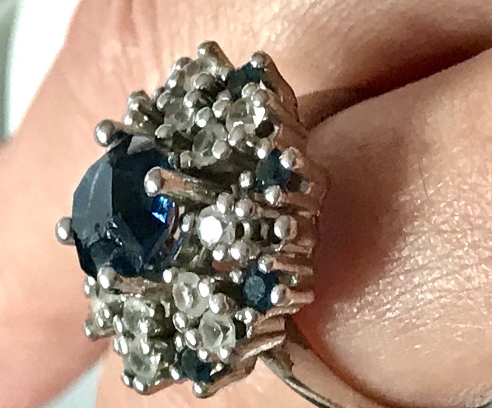 Vintage Entourage Halo Ring farblose Steine & Saphir Silber 835  ~Gr.55 17,5