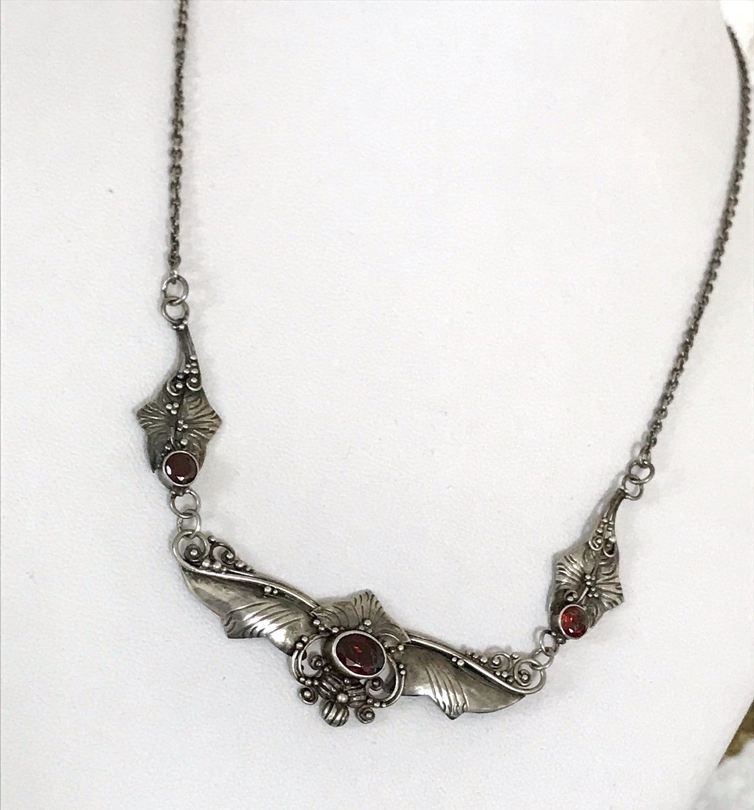 Antik 925 Sterling Silber Collier Halskette Kette rote Steine Granate?