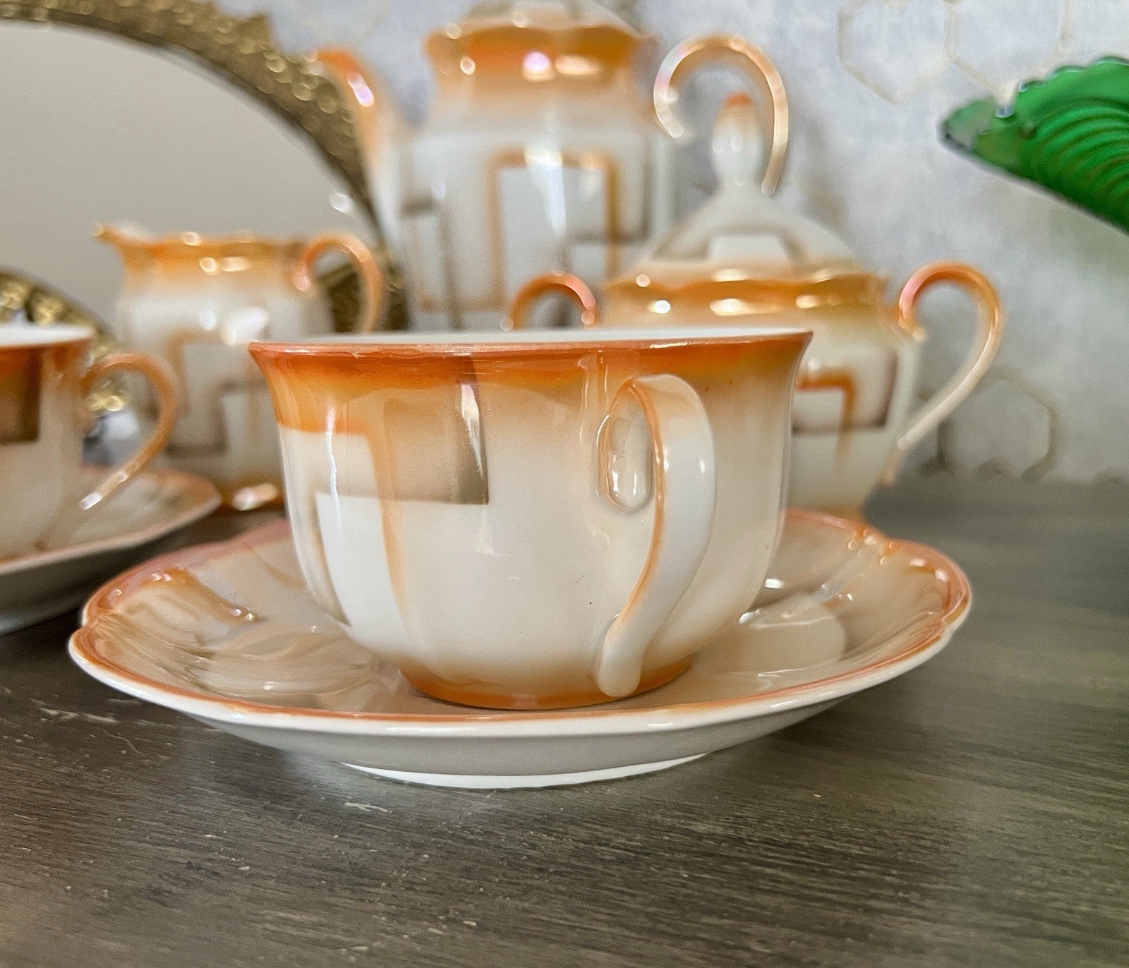 Antik Art Déco Porzellan Kaffeeservice Spritzdekor Bauhaus Teté a Téte 2 Pers.