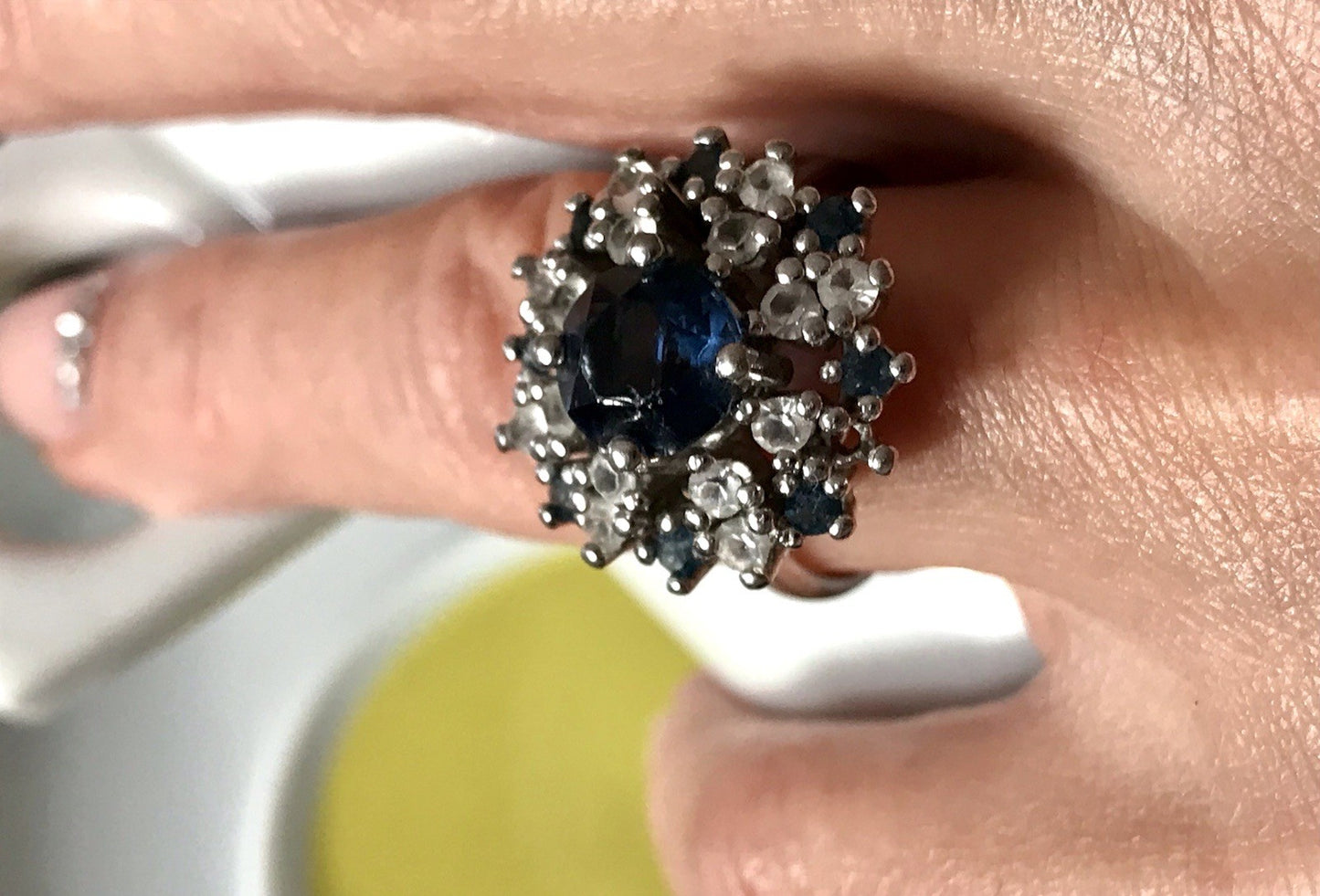 Vintage Entourage Halo Ring farblose Steine & Saphir Silber 835  ~Gr.55 17,5