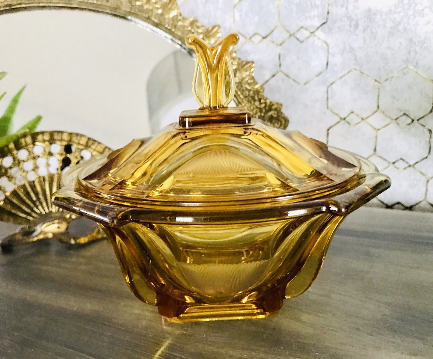 Antik Art Déco Dose Glasdose Pressglas Bernstein Gelb Amber