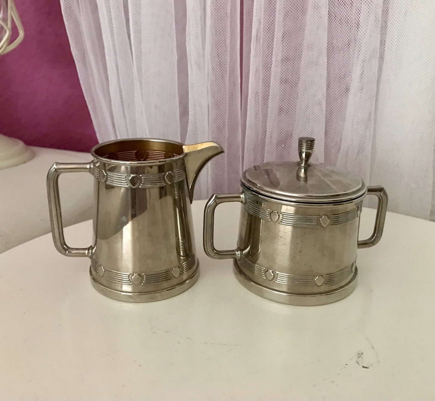 Antik Jugendstil Art Déco Kaffee Kernstück Zuckerdose Rahmgießer verchromt? 2tlg