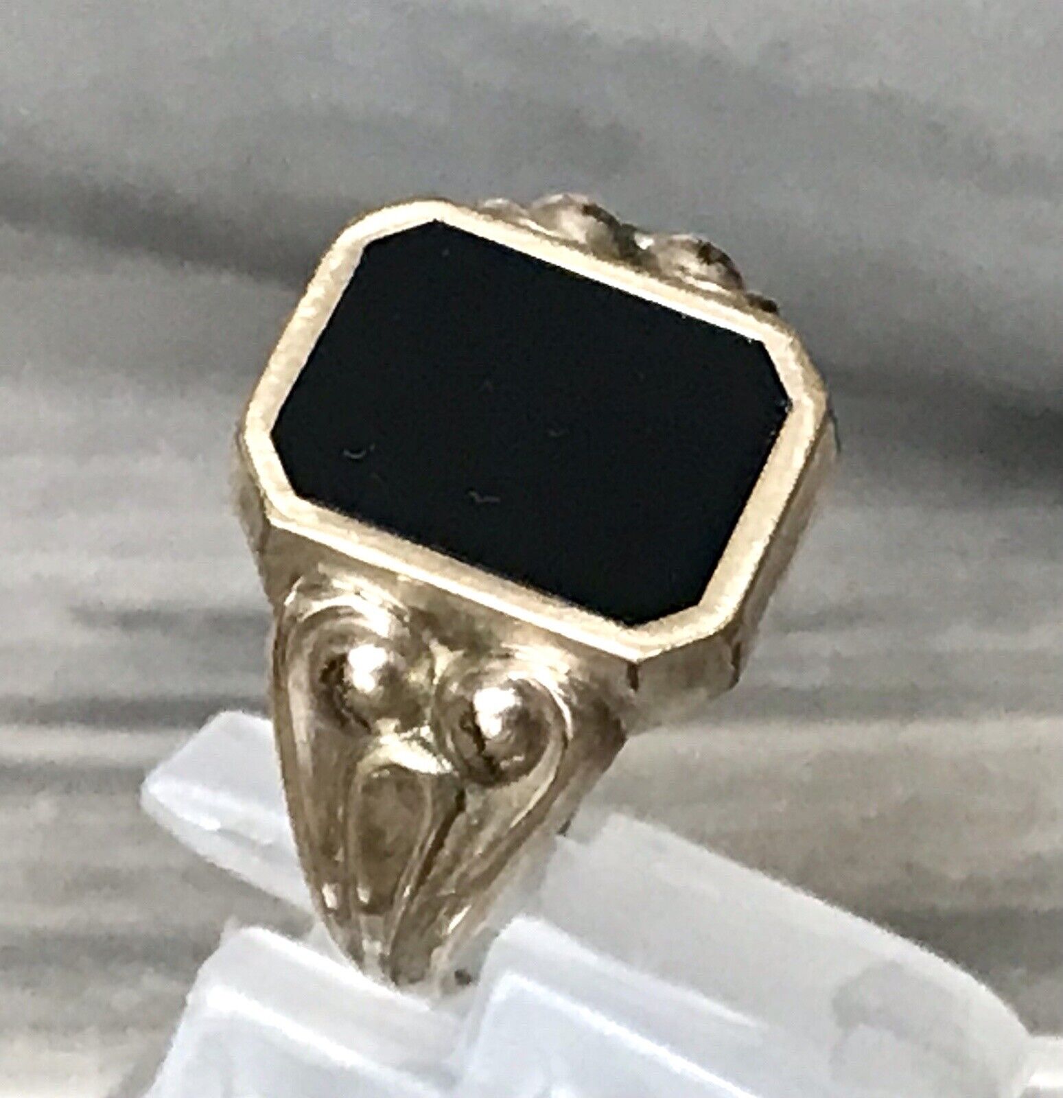 Antik vergoldeter Jugendstil RING Siegelring schwarzer Onyx Silber Gr.59 60