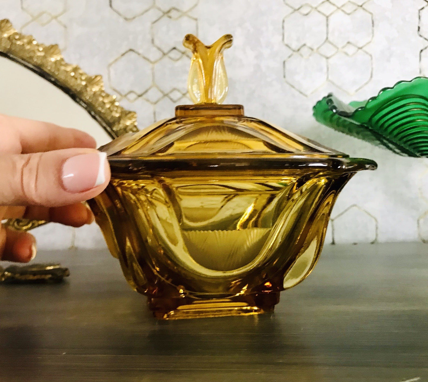 Antik Art Déco Dose Glasdose Pressglas Bernstein Gelb Amber