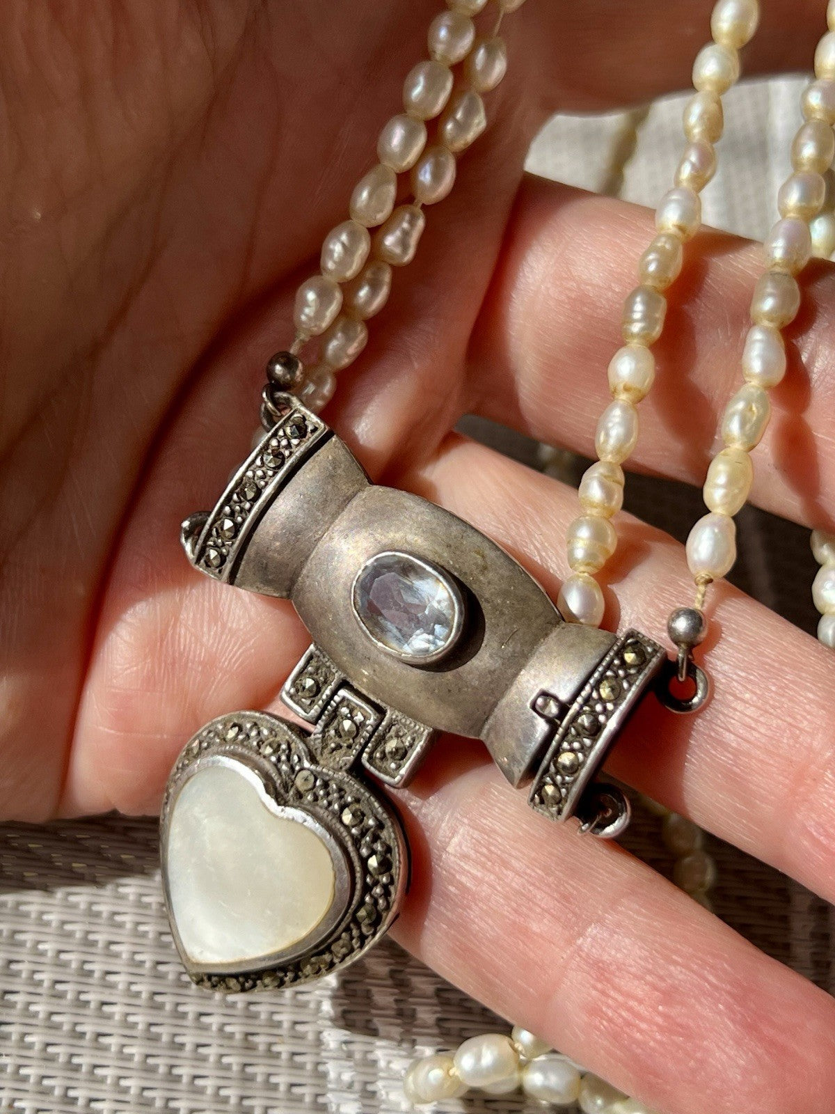 Antik  Jugendstil Silber Collier Perlen Halskette Herz Markasite blauer Stein