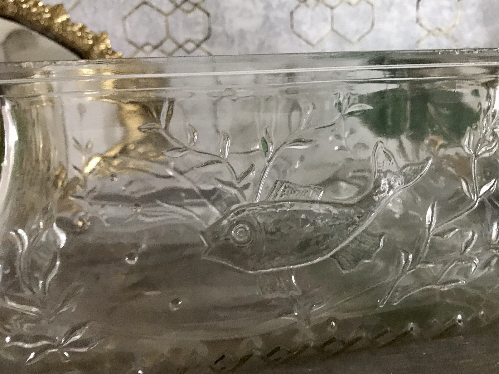 Antik Art Déco Deckeldose Dose Glasdose Pressglas Haribo Lakritze Fischmuster