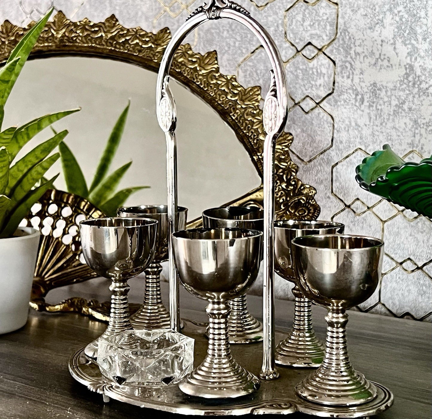 Antik Menage Eiermenage Frühstück Metallmontur Glaseinsatz 6 Eierbecher